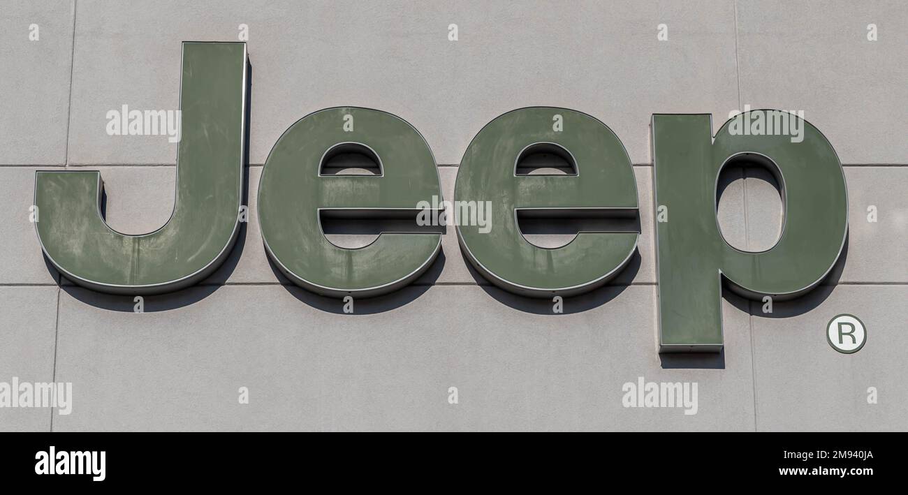 The Jeep company logo on a dealership in Monroeville, Pennsylvania, USA