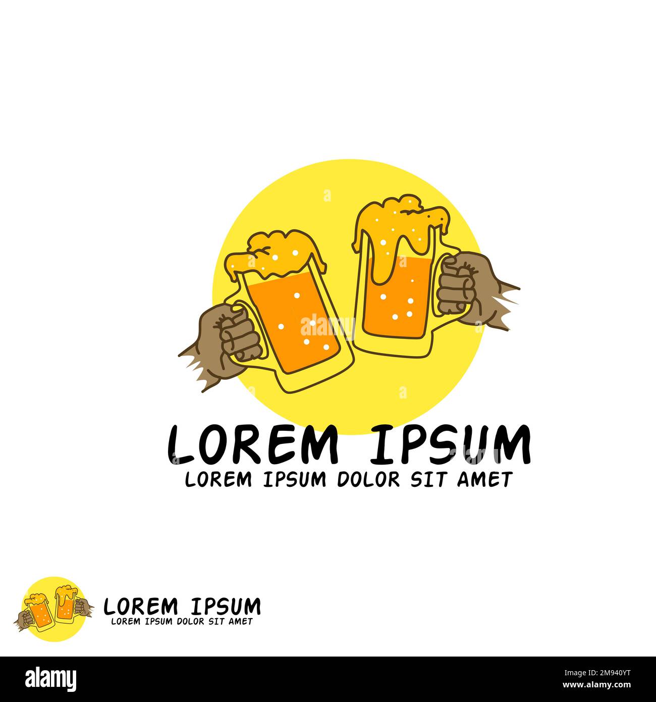 A vector illustration of hands cheering with beers logo with 'Lorem Ipsum' text on a white background Stock Vector