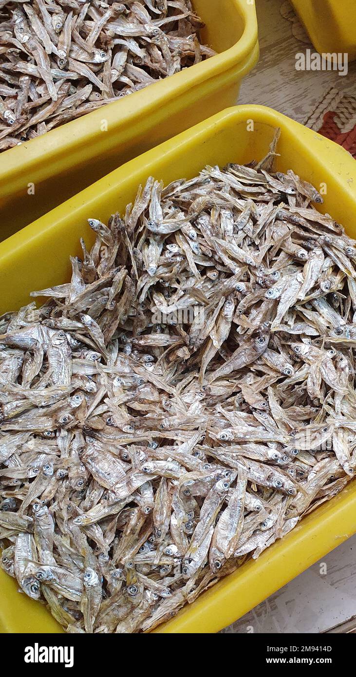 Dried charales in a bowl for sale in a supermarket. Stock Photo
