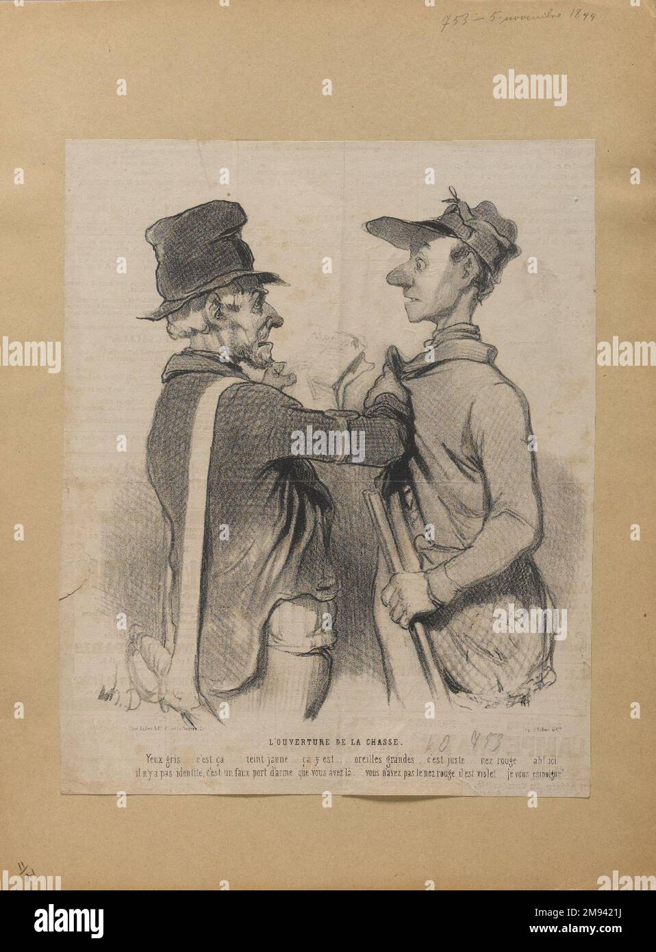 L'Overture de la Chasse Honoré Daumier (French, 1808-1879). , November 7, 1844. Lithograph on newsprint, 11 1/8 x 9 in. (28.2 x 22.9 cm).   European Art November 7, 1844 Stock Photo