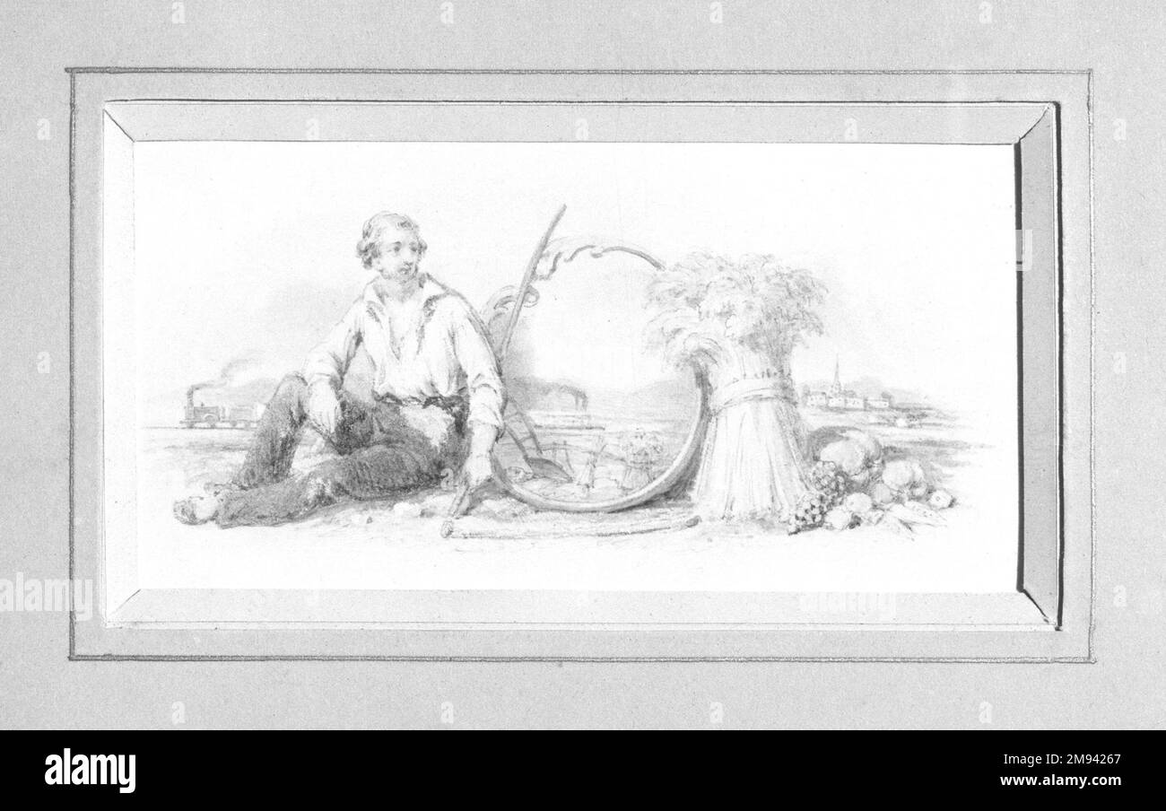 Vignette K American. Vignette K, 1840s-1850s. Watercolor and graphite, 5 x 2 15/16 in. (12.7 x 7.5 cm).   American Art 1840s-1850s Stock Photo