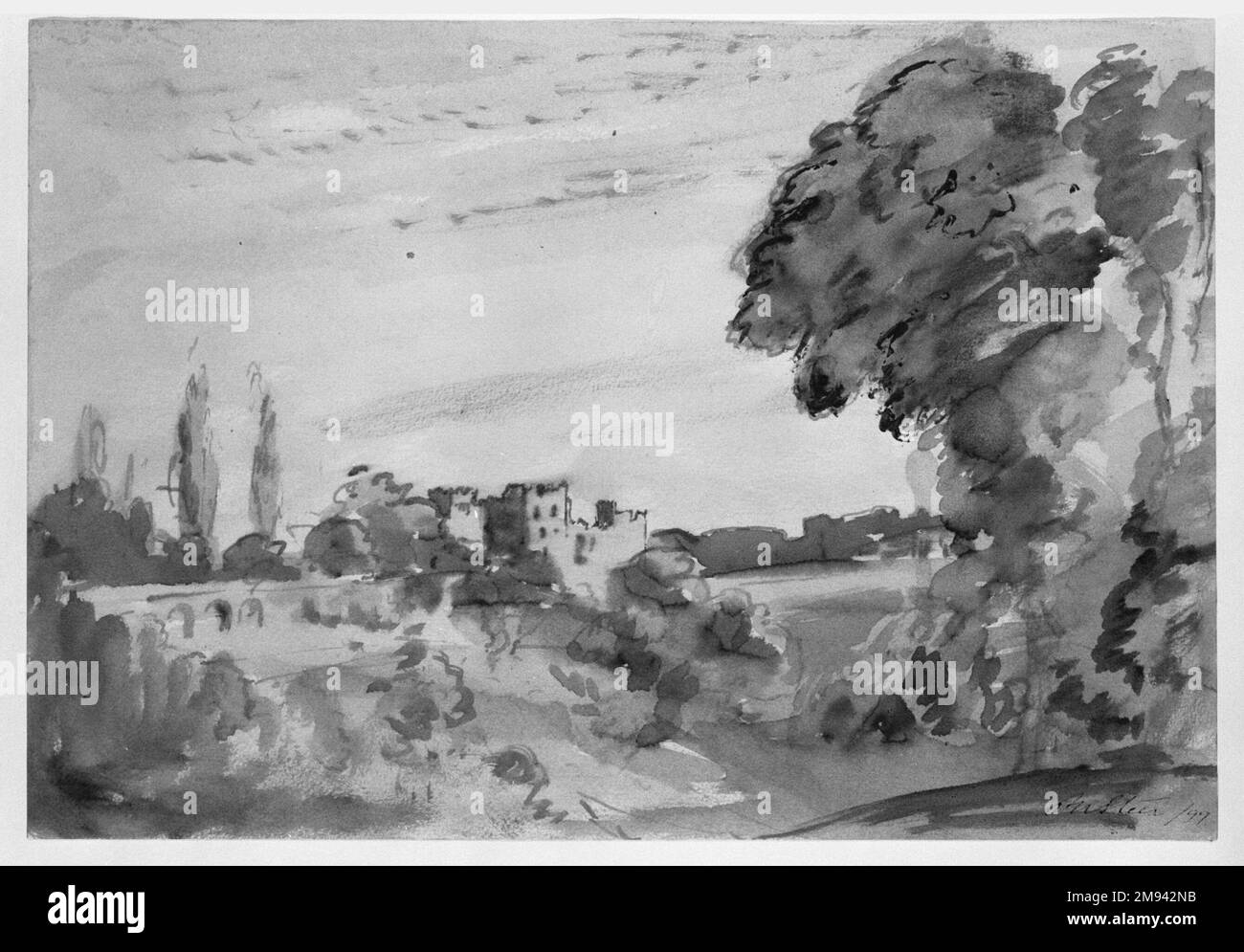 Landscape with Castle Philip Wilson Steer (British, 1860-1942). Landscape with Castle, 1899. Sepia on heavy wove paper, Sheet: 9 3/4 x 14 1/4 in. (24.8 x 36.2 cm).   European Art 1899 Stock Photo