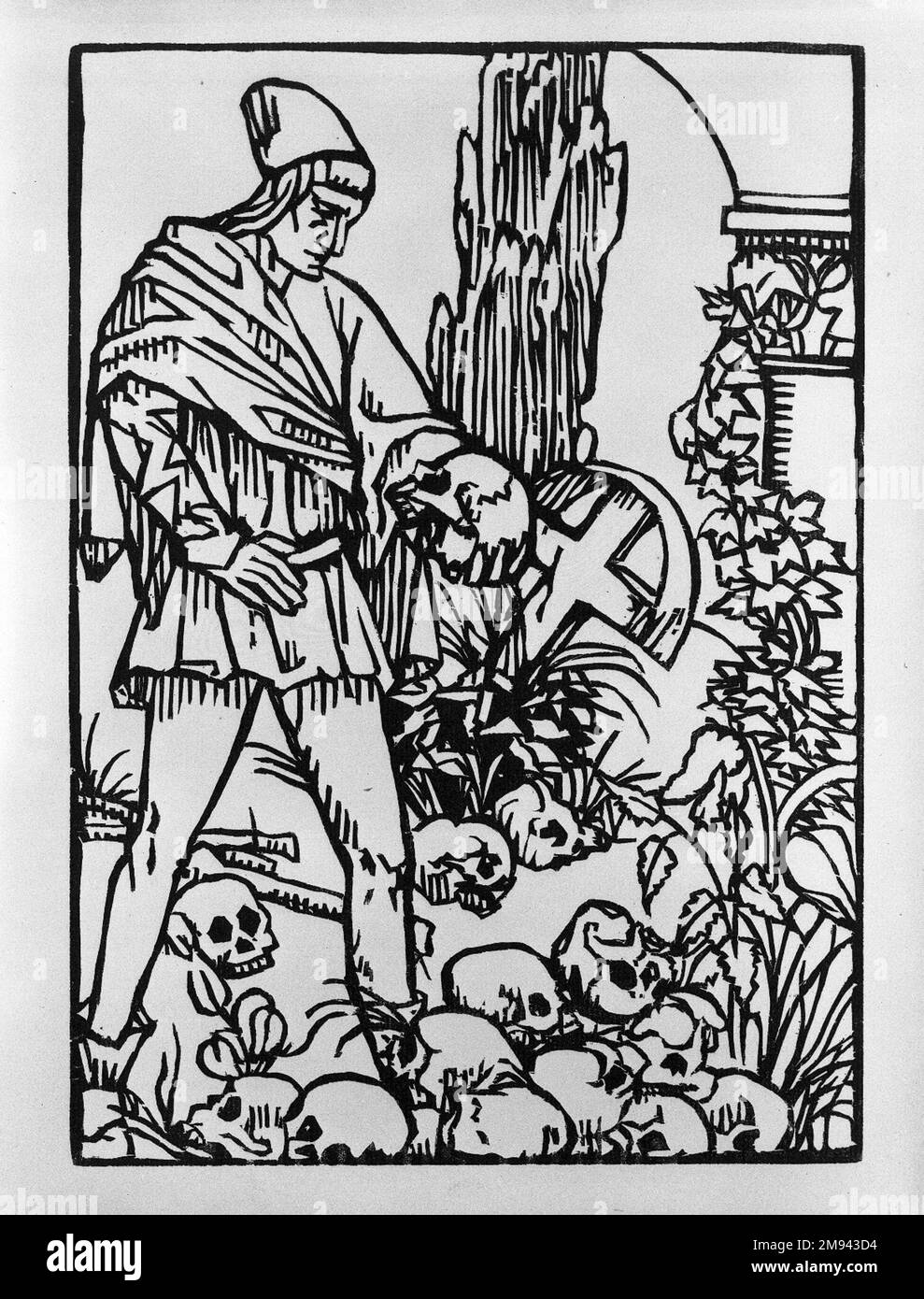 Warrior Holding a Skull Émile Bernard (French, 1868-1941). , 1918. Woodcut printed on laid paper, 10 13/16 x 7 5/8 in. (27.5 x 19.4 cm).   European Art 1918 Stock Photo