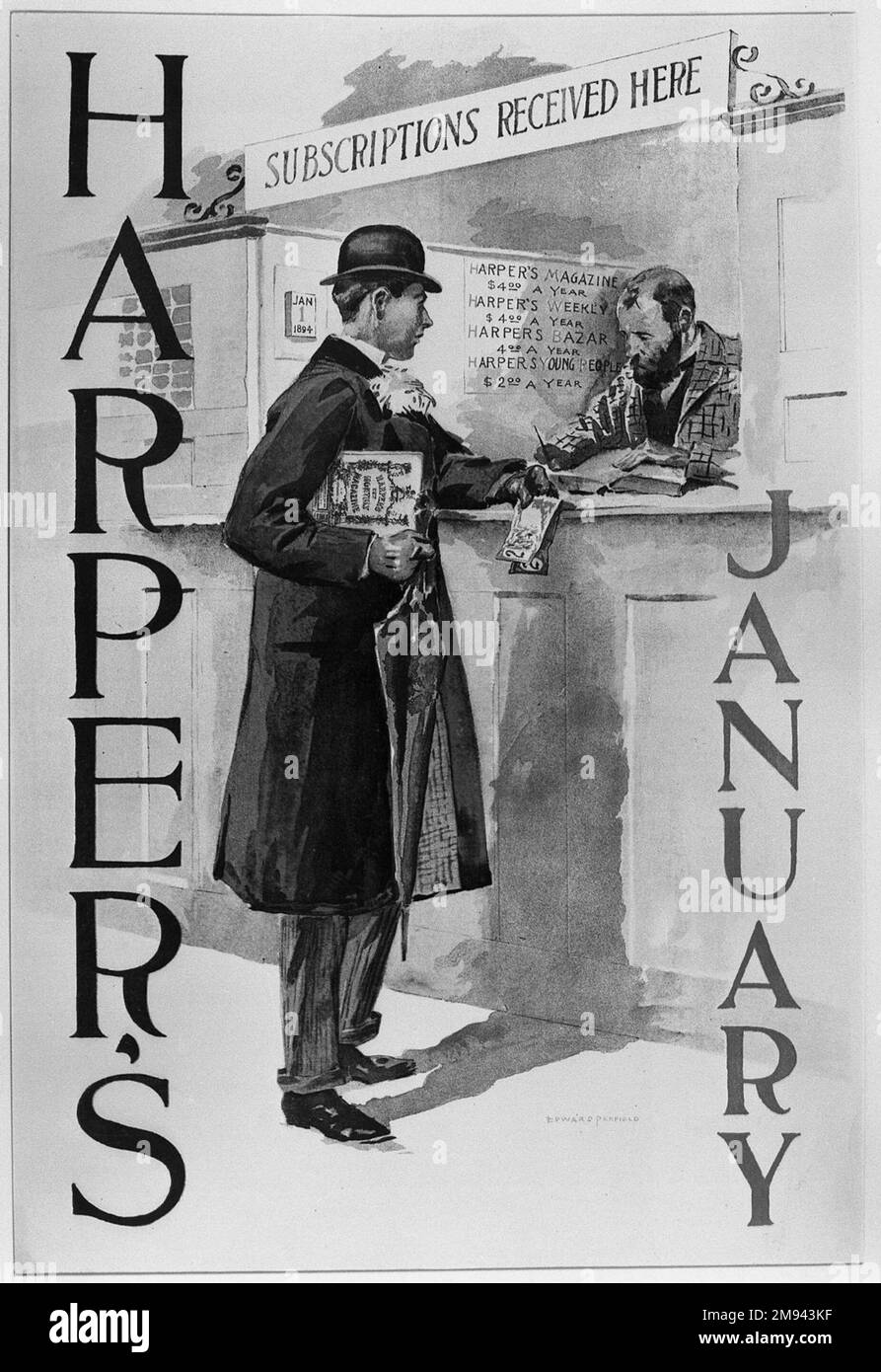 Harper's Poster - January 1894 Edward Penfield (American, 1866-1925). , 1894. Lithograph on wove paper, Sheet: 18 1/2 x 120 1/2 in. (47 x 306 cm).   American Art 1894 Stock Photo