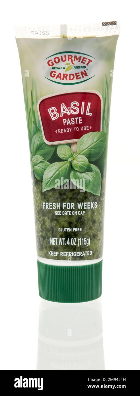 Winneconne, WI - 8 January 2023: A tube of Gourmet garden basil paste on an isolated background. Stock Photo