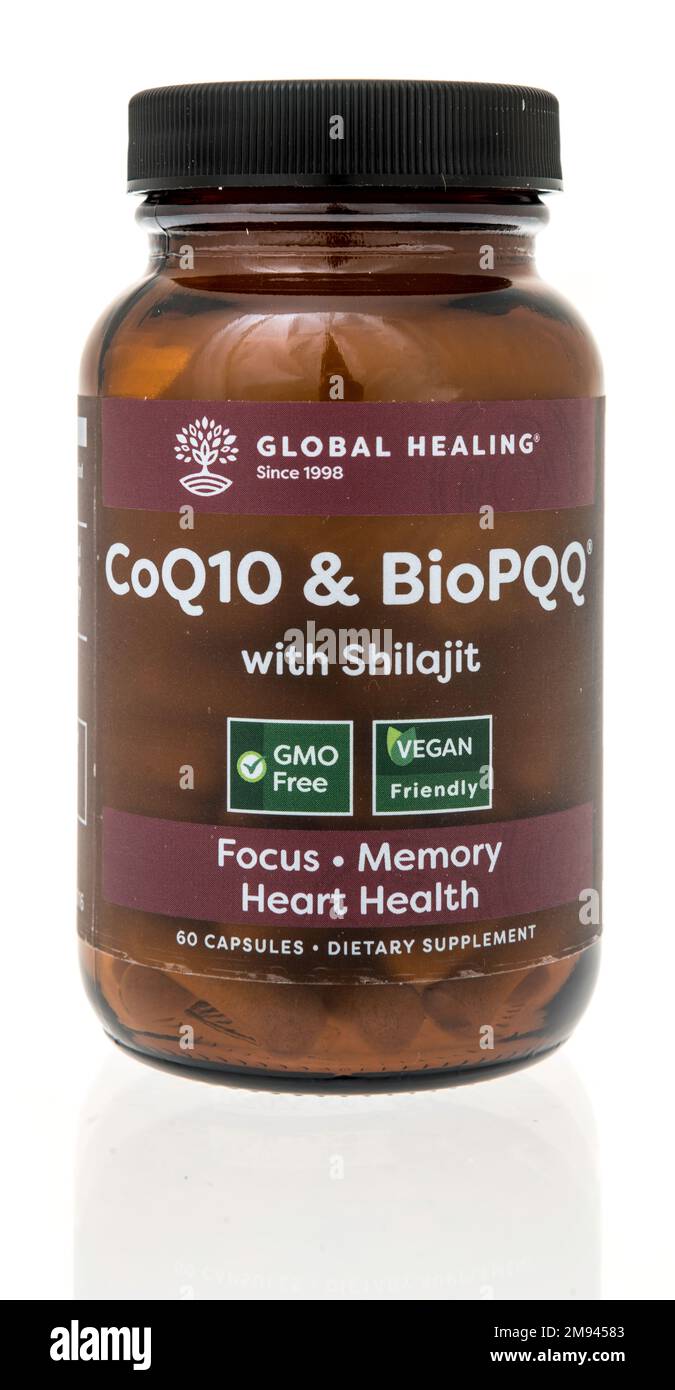 Winneconne, WI - 8 January 2023: A bottle of Global healing coQ10 supplement on an isolated background. Stock Photo