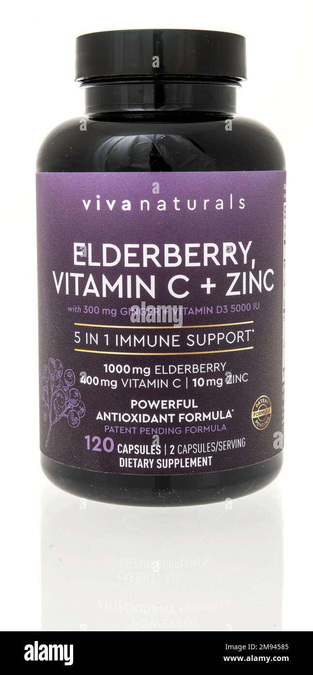 Winneconne, WI - 8 January 2023: A bottle of Viva naturals elderberry, vitamins C and zinc supplement on an isolated background. Stock Photo