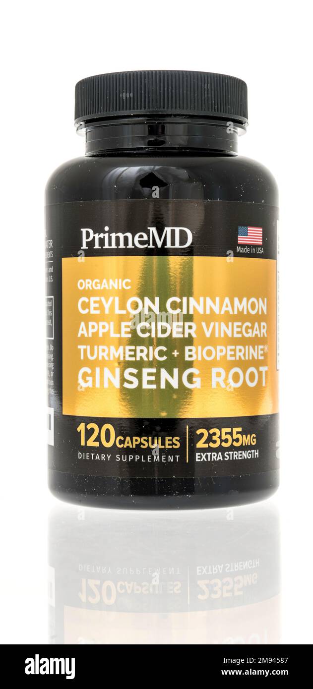 Winneconne, WI - 8 January 2023: A bottle of PrimeMD ceylon cinnamon, apple cider vinegar, turmeric bioperine and ginseng root supplement on an isolat Stock Photo
