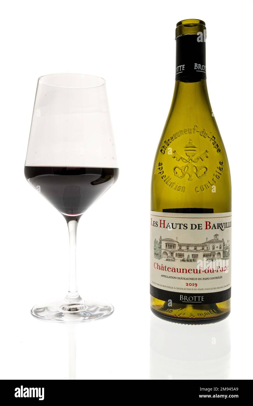 Winneconne, WI - 8 January 2023: A bottle of Les Hauts de barville chateauneuf du pape wine on an isolated background. Stock Photo