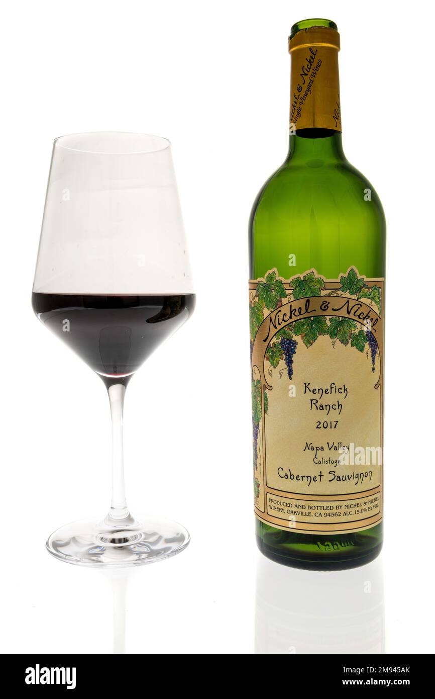 Winneconne, WI - 8 January 2023: A bottle of Far Nickel and Nickel Kenefick ranch Napa Valley cabernet sauvignon wine on an isolated background. Stock Photo