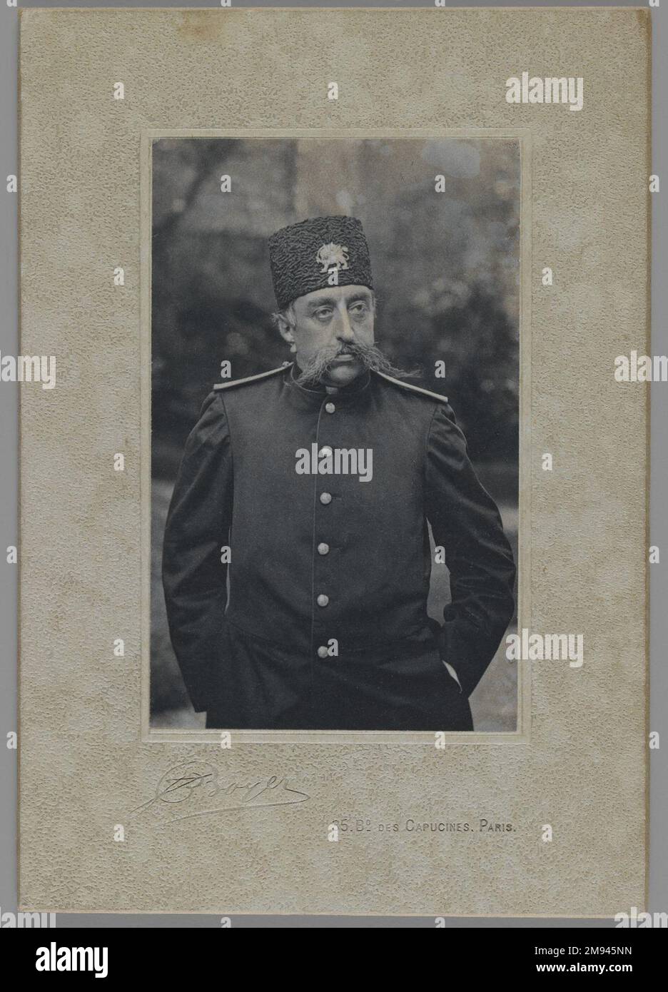 A Carte de Visite with Portrait of Mozaffar al-Din Shah , One of 274 Vintage Photographs , late 19th-early 20th century. Gelatin silver printing out paper mounted on carte de visite, Photograph: 3 13/16 x 2 7/16 in. (9.7 x 6.2 cm).   Arts of the Islamic World late 19th-early 20th century Stock Photo