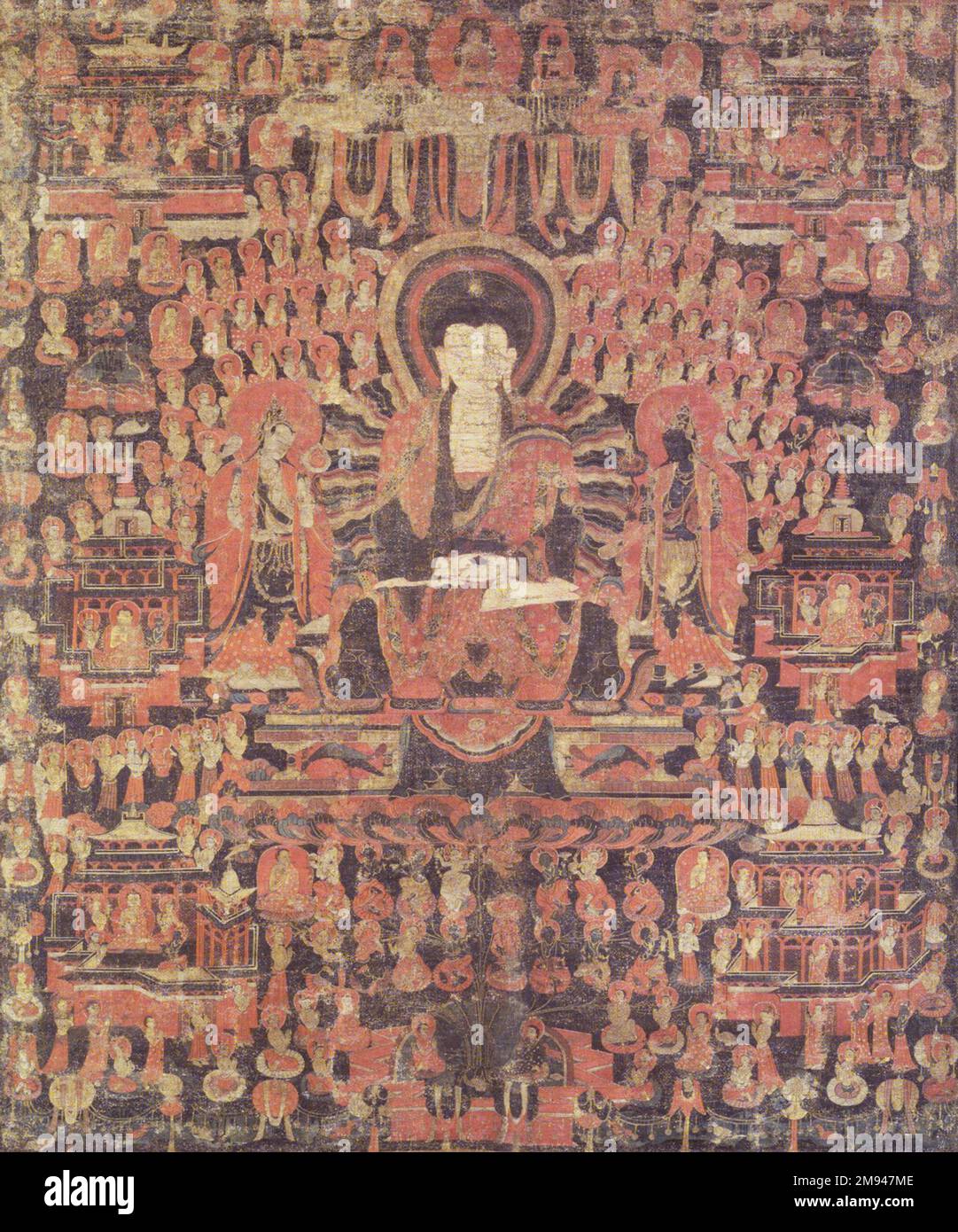 Amitabha in the Western Paradise , late 15th century. Color and gold on cloth, Image: 26 1/2 x 22 in.   Asian Art late 15th century Stock Photo