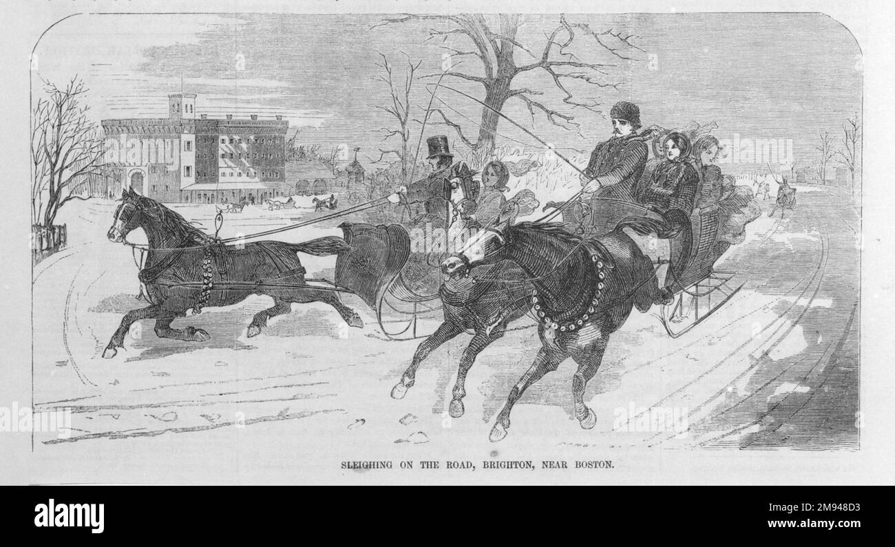 Sleighing on the Road Winslow Homer (American, 1836-1910). , 1859. Wood engraving, image: 9 3/8 x 4 5/16 in. (23.8 x 11.0 cm);.   American Art 1859 Stock Photo