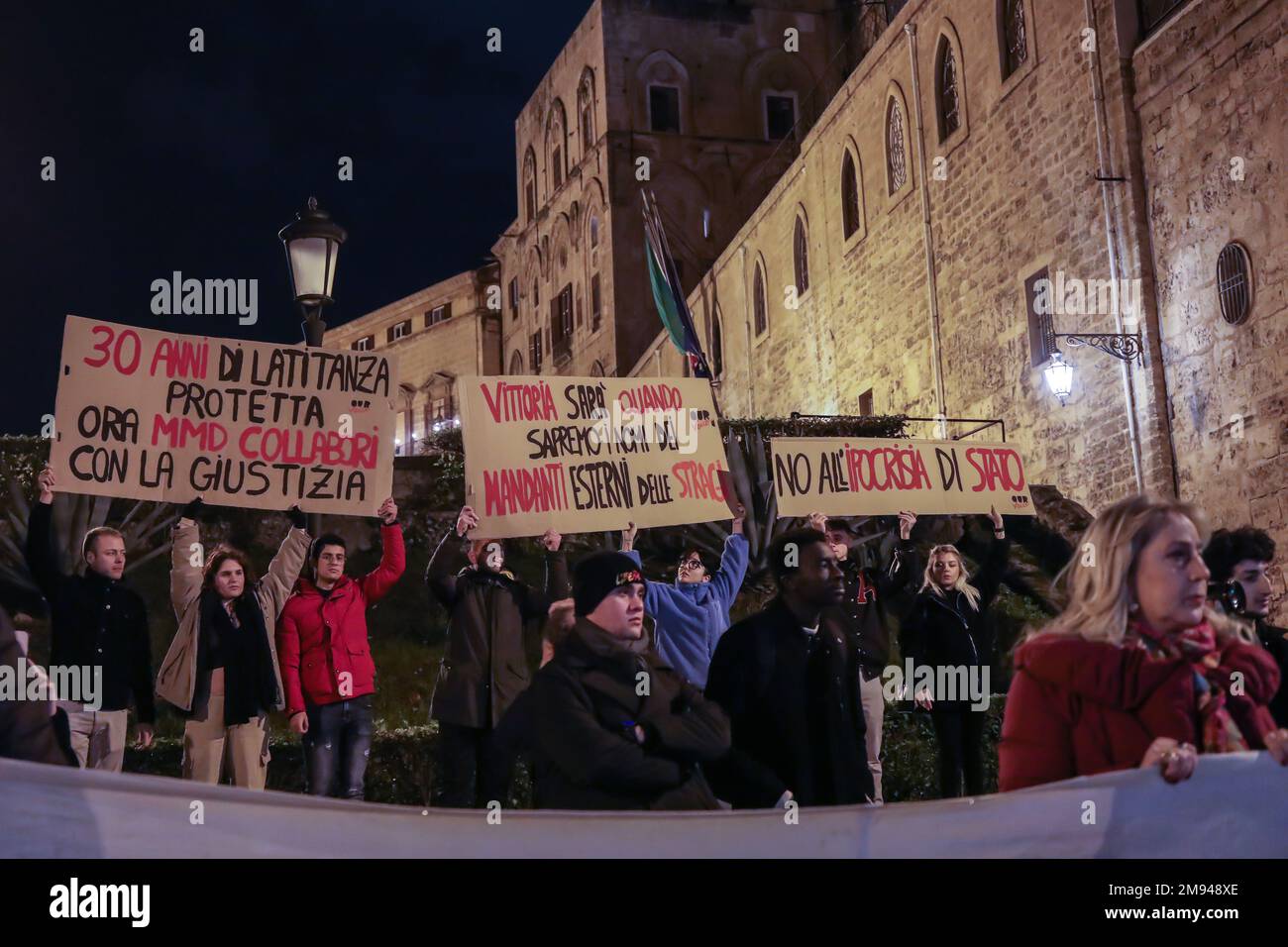 Palermo, Italy. 16th Jan, 2023. Demonstration in Palermo against the Mafia after the arrest of Matteo Messina Denaro. (Photo by Antonio Melita/Pacific Press) Credit: Pacific Press Media Production Corp./Alamy Live News Stock Photo