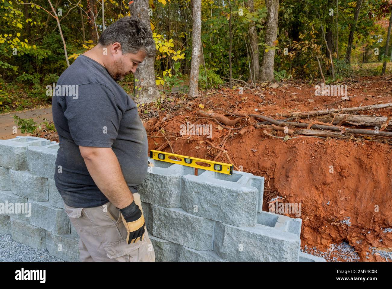 Following leveling of walls on construction site retaining wall