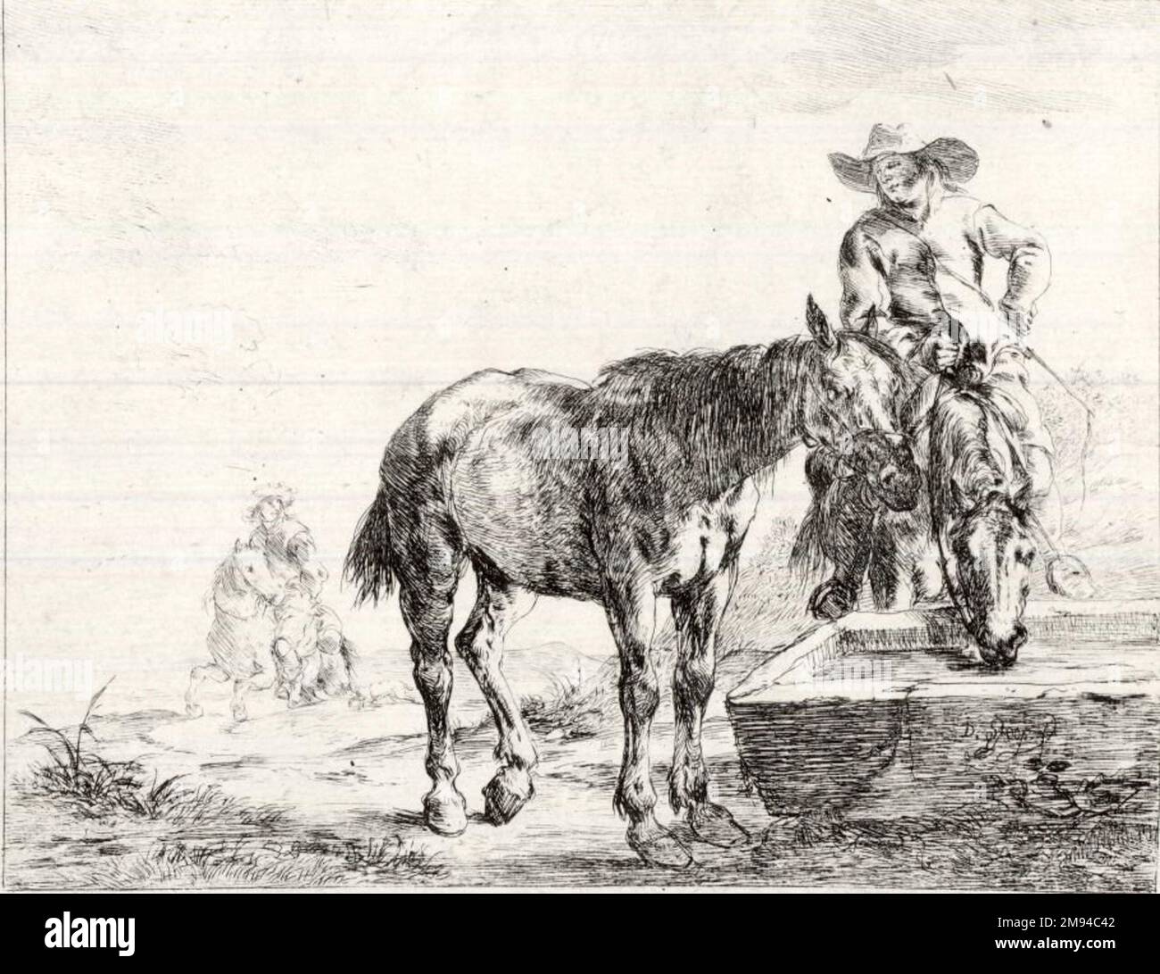 Two Horses at a Trough Dirk Stoop (Dutch, 1610-1686). , 1651. Etching, Sheet: 6 5/16 x 8 1/16 in. (16 x 20.5 cm).   European Art 1651 Stock Photo
