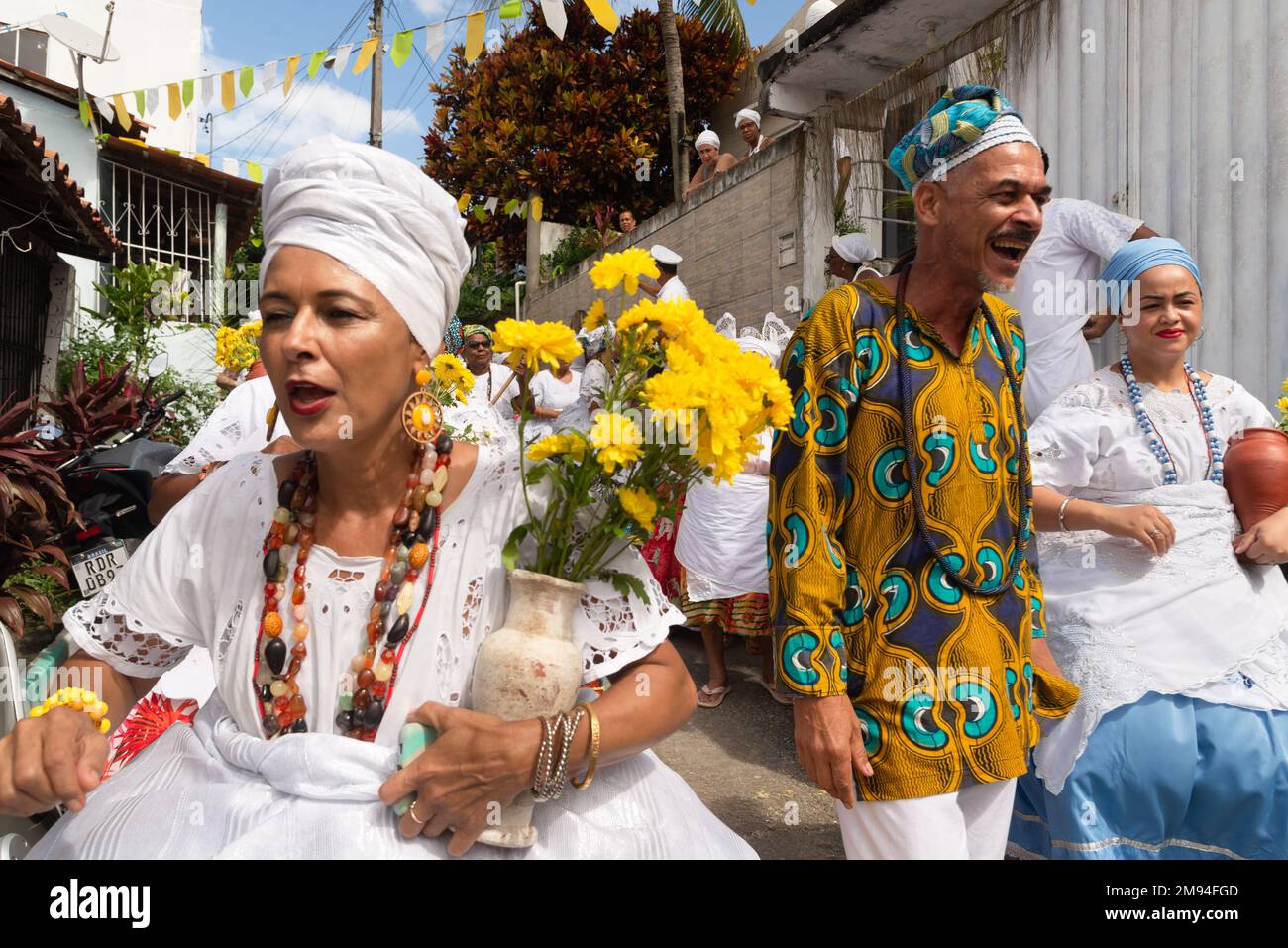 A group of Candomble members dancing and singing at religious house in Bom Jesus dos Pobre district Stock Photo