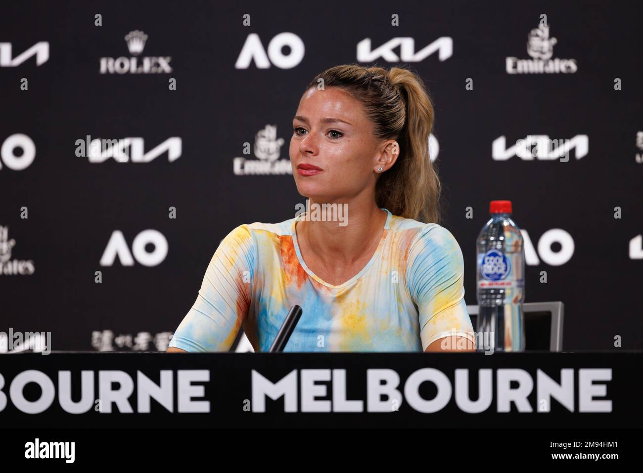 January 17, 2023: Camila GIORGI of Italy at a post-match media conference answering questions about her Covid vaccination with her doctor Daniela Grillone who was arrested and charged with administering fake serums. Giorgi won her first round match against Anastasia PAVLYUCHENKOVA in the Women's Singles match on day 2 of the 2023 Australian Open on Rod Laver Arena, in Melbourne, Australia. Sydney Low/Cal Sport Media. Stock Photo