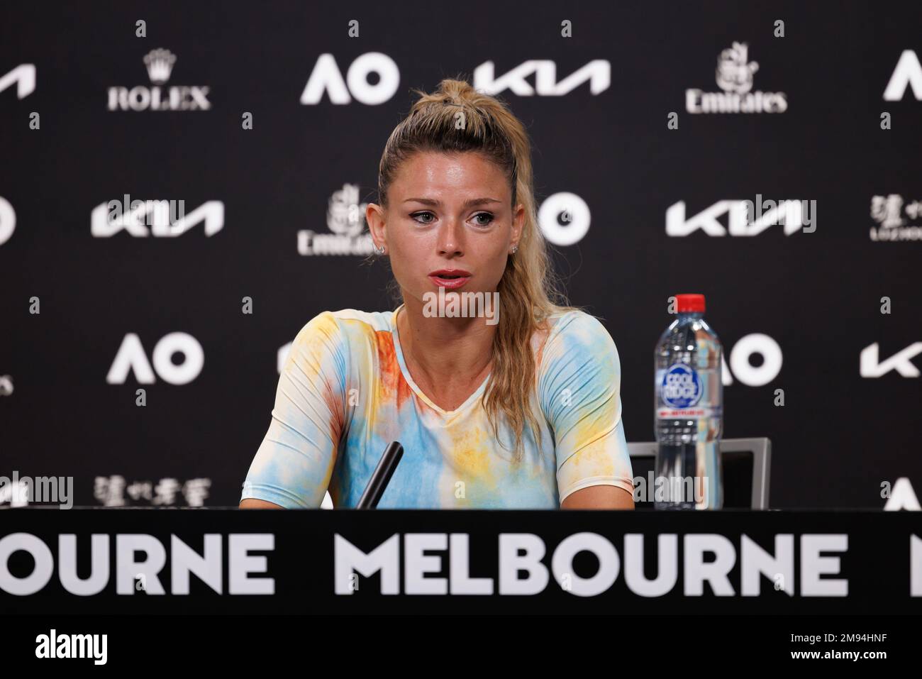January 17, 2023: Camila GIORGI of Italy at a post-match media conference answering questions about her Covid vaccination with her doctor Daniela Grillone who was arrested and charged with administering fake serums. Giorgi won her first round match against Anastasia PAVLYUCHENKOVA in the Women's Singles match on day 2 of the 2023 Australian Open on Rod Laver Arena, in Melbourne, Australia. Sydney Low/Cal Sport Media. Stock Photo