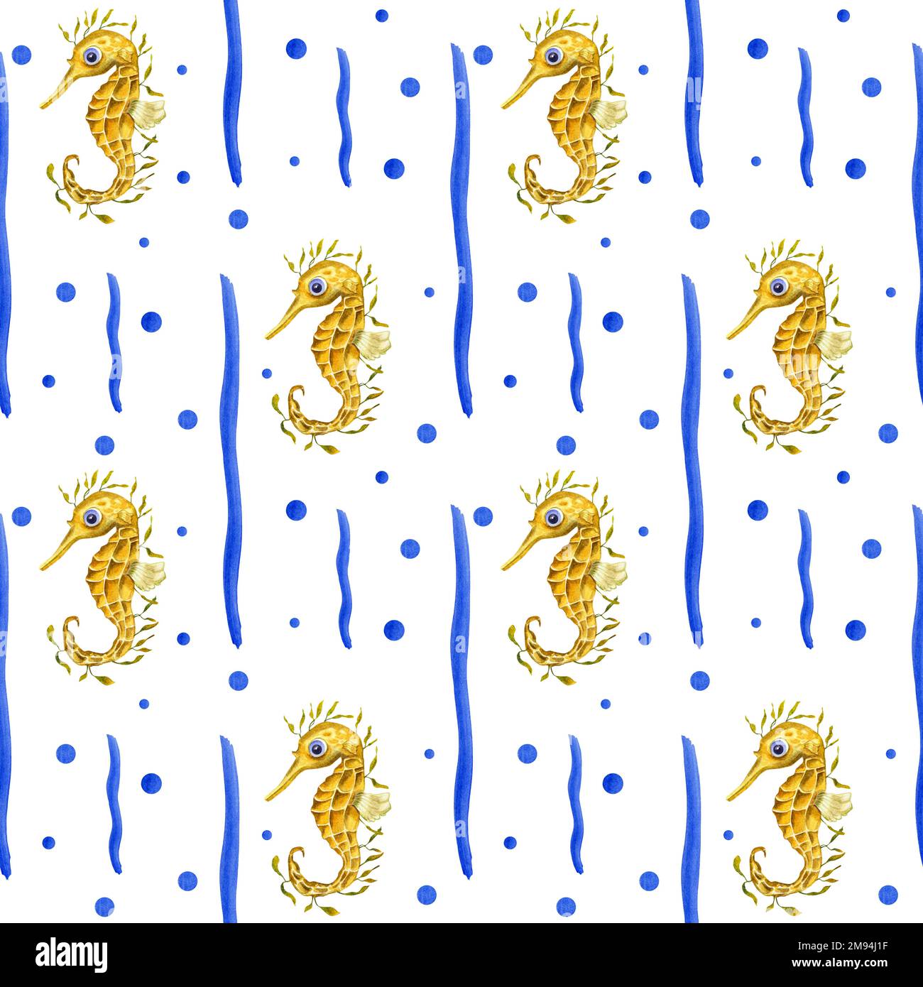 Watercolor underwater seamless pattern of seahorses on white background ...