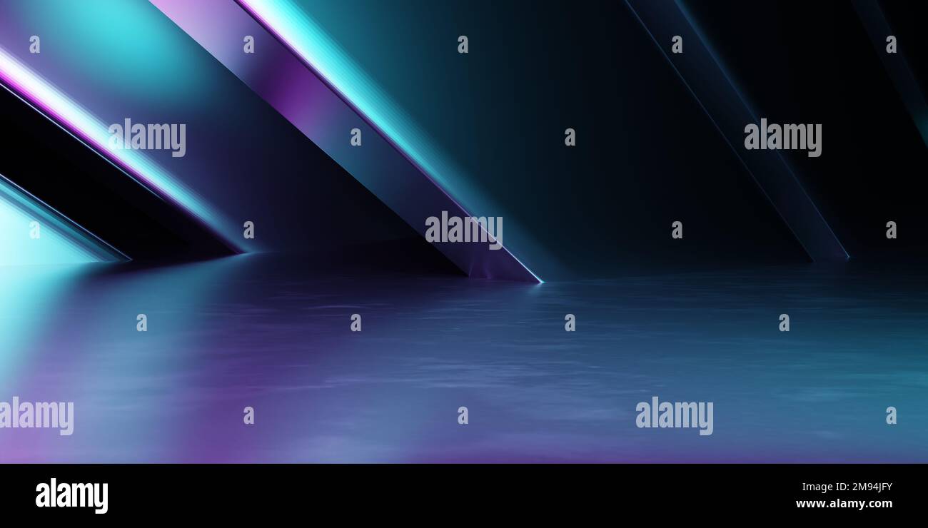 3d rendering of purple and blue abstract geometric background. Scene for advertising, technology, showroom, banner, game, sport, business, metaverse Stock Photo