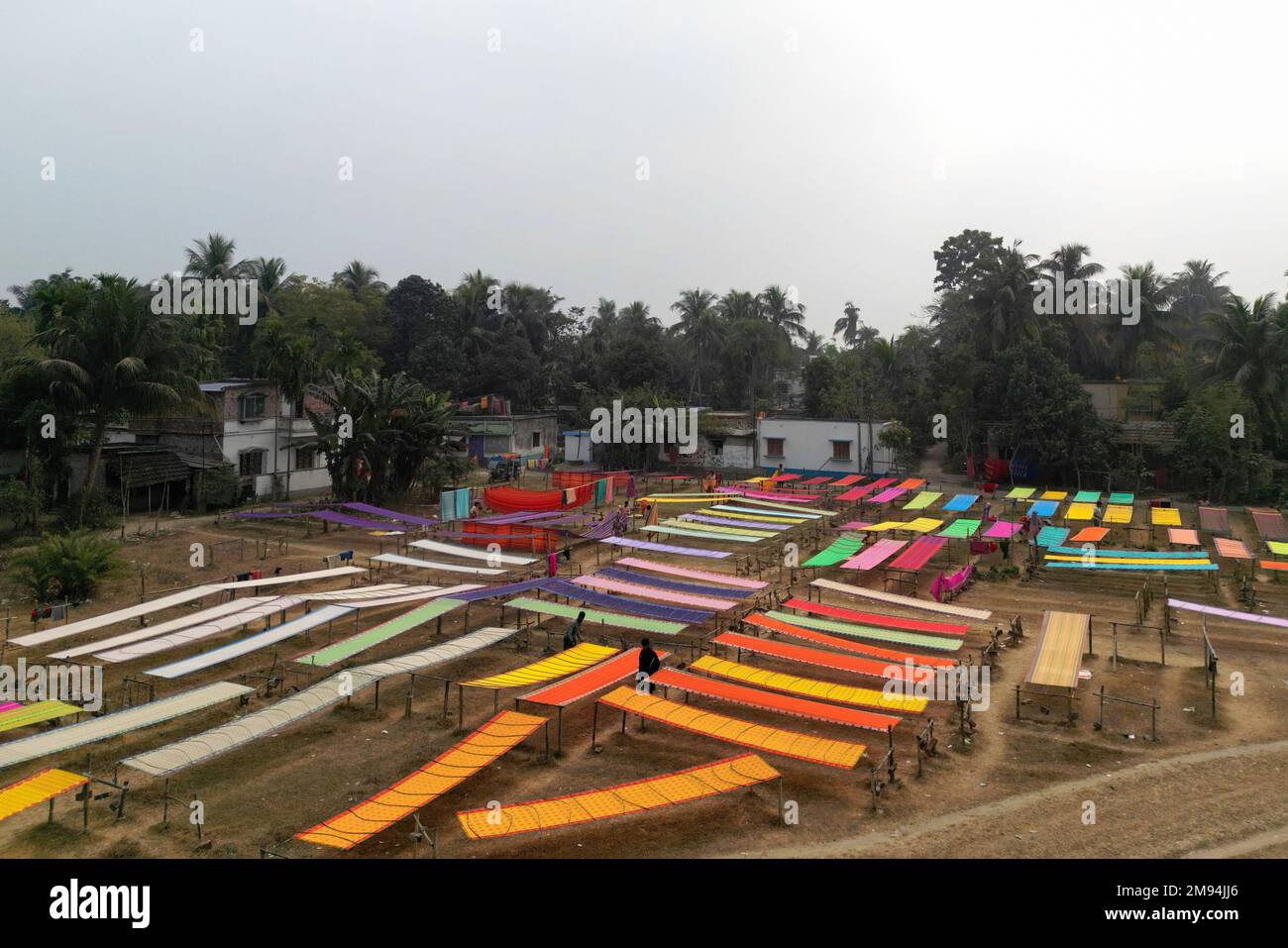 Shantipur, India. 14th Jan, 2023. (EDITORS NOTE: Image taken with drone) .An open field filled up with colorful sarees drying under sun. The saree is a traditional form of dress for women in India. In Santipur & Fulia in the Nadia district of West Bengal, India 90 % of the population are engaged in weaving activities, and have been for generations. (Credit Image: © Avishek Das/SOPA Images via ZUMA Press Wire) EDITORIAL USAGE ONLY! Not for Commercial USAGE! Stock Photo