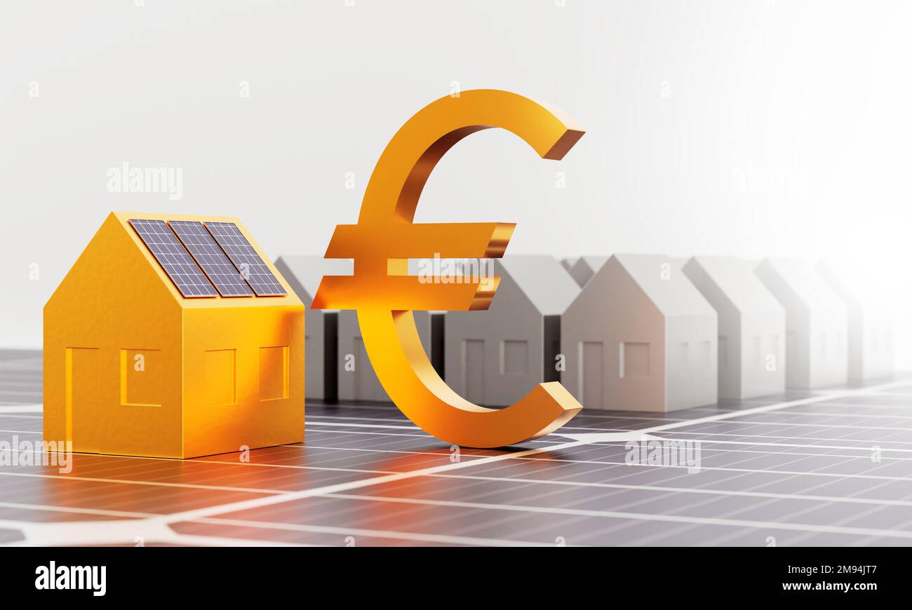 golden house model with Solar panels on the roof and The euro currency symbol put on the solar panel surface. sustainable energy concept, save money, Stock Photo