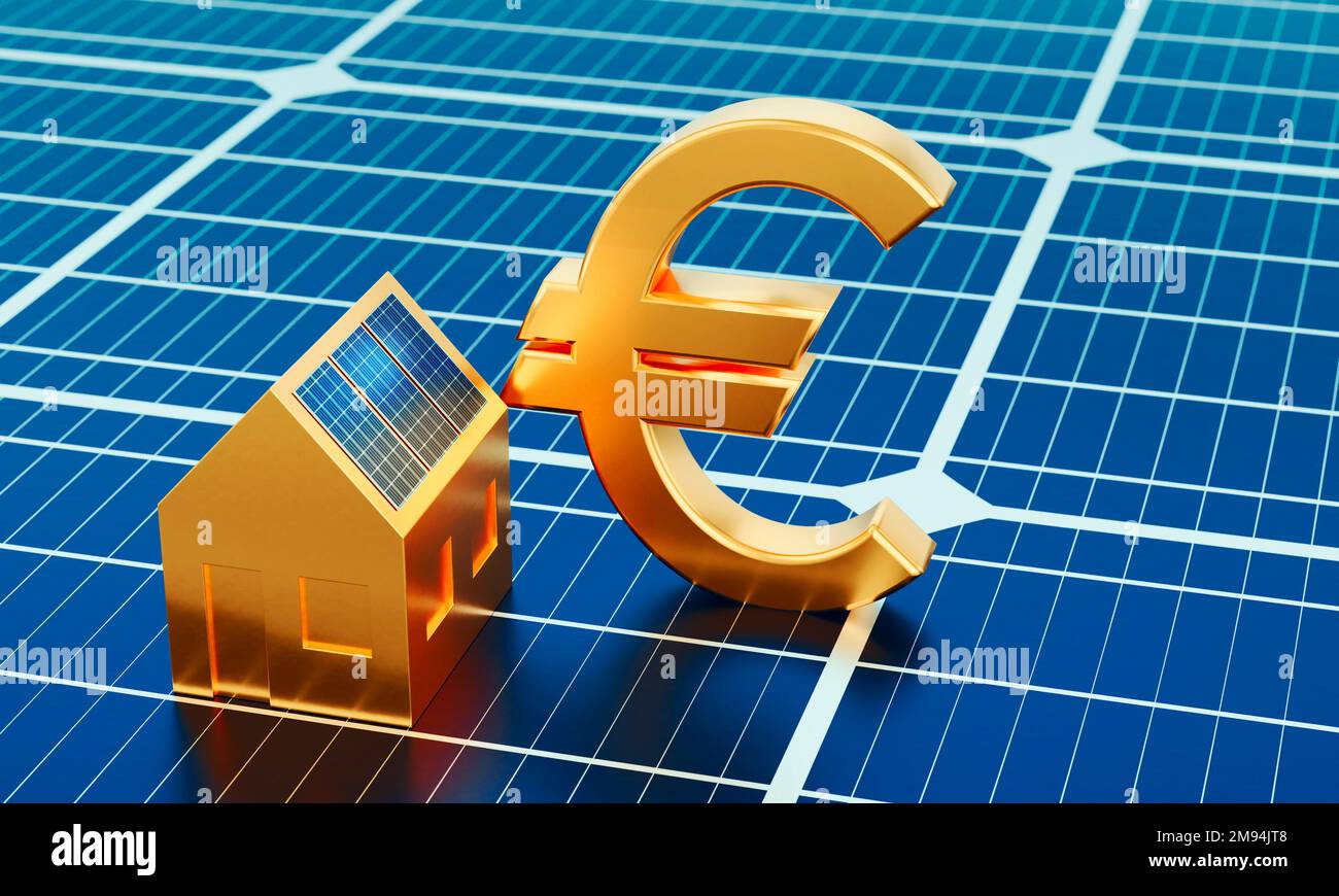 golden house model with Solar panels on the roof and The euro currency symbol put on the solar panel surface. leadership concept in sustainable energy Stock Photo