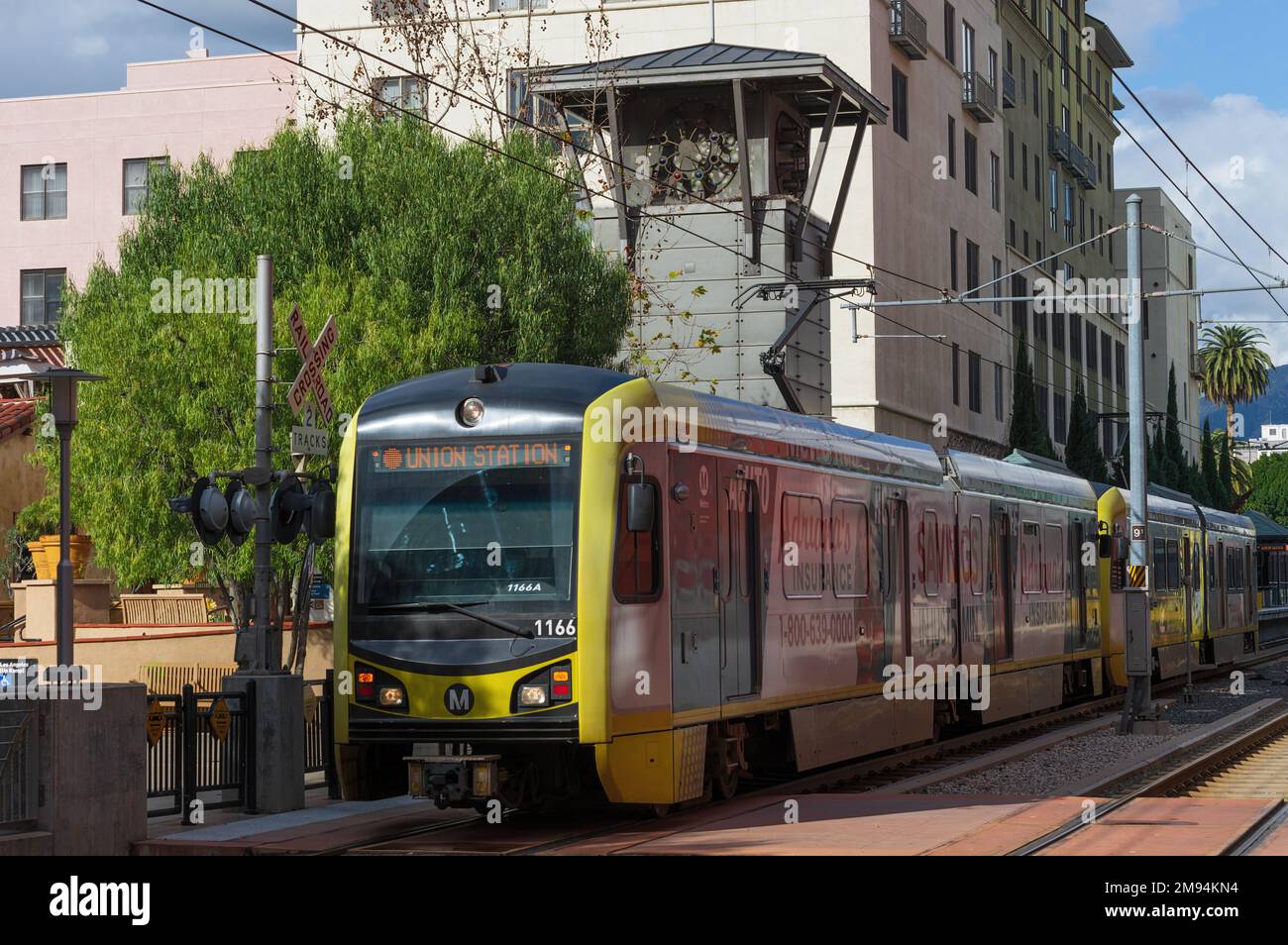 Pasadena, California, United States - January 16, 2023: Gold Line Metro train shown leaving the Del Mar Metro Station. Stock Photo
