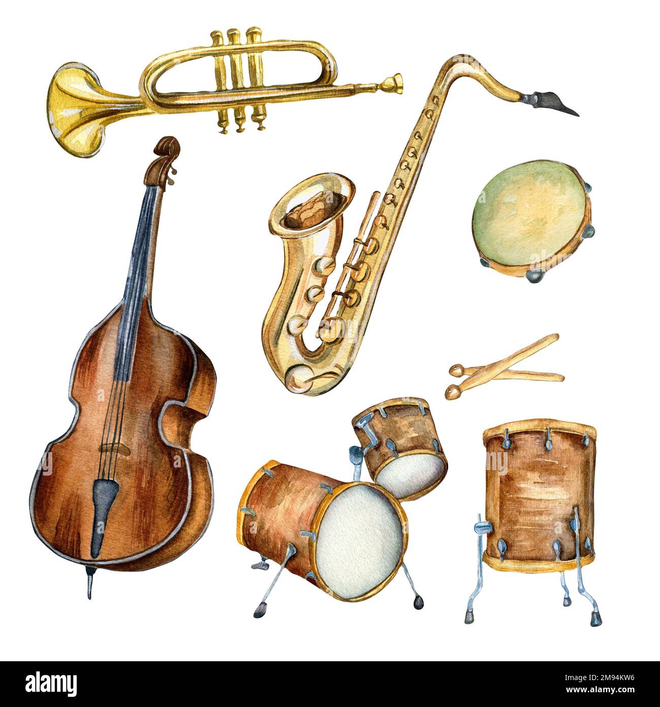 Set of trumpet, saxophone, contrabass musical instruments watercolor illustration isolated. Jazz band, drums, tambourine hand drawn. Design element fo Stock Photo