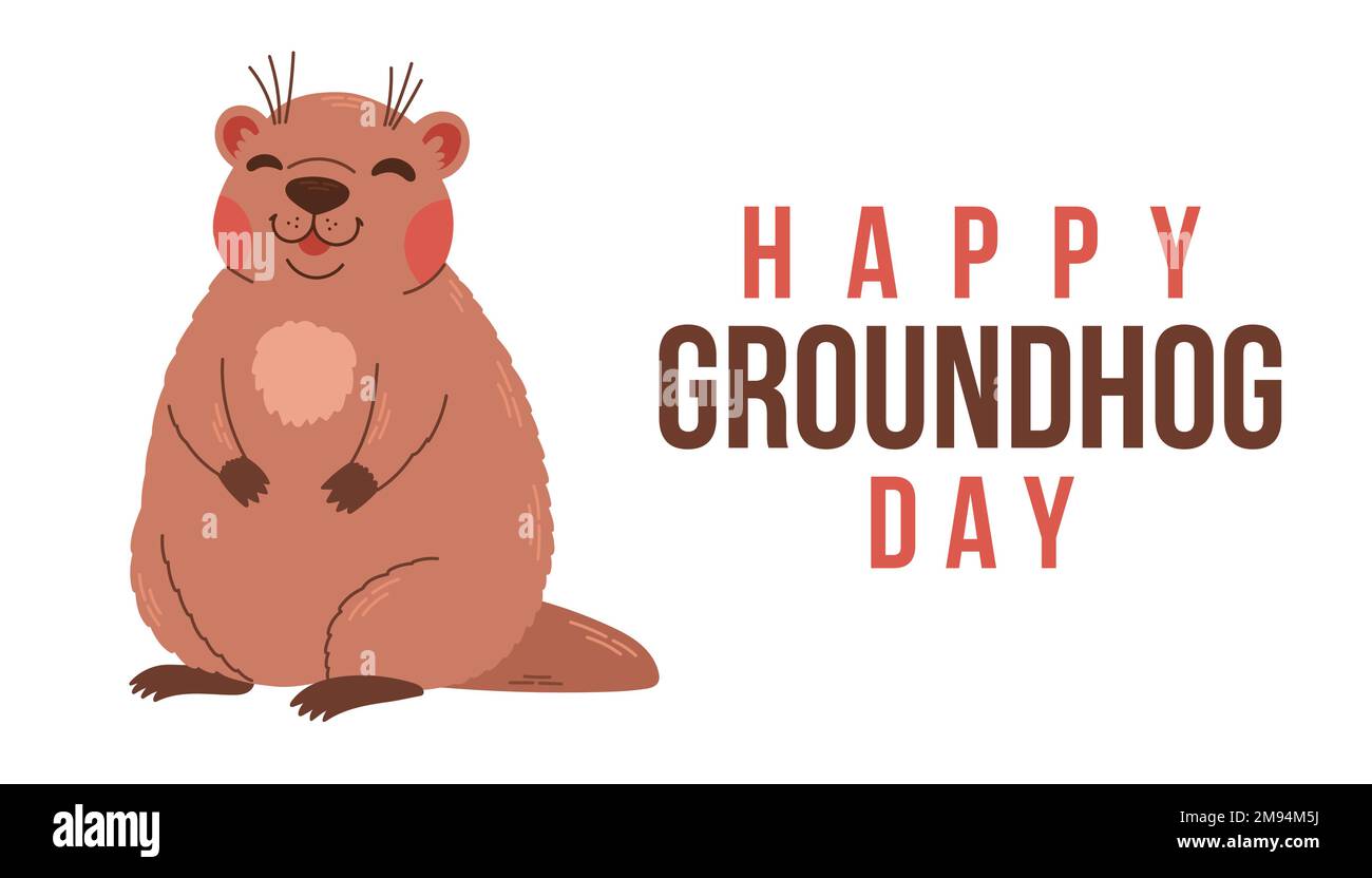 Happy Groundhog Day. Text with cute groundhog. 2 February. Design for print greetings card, banner, poster. Colorful Stock Vector