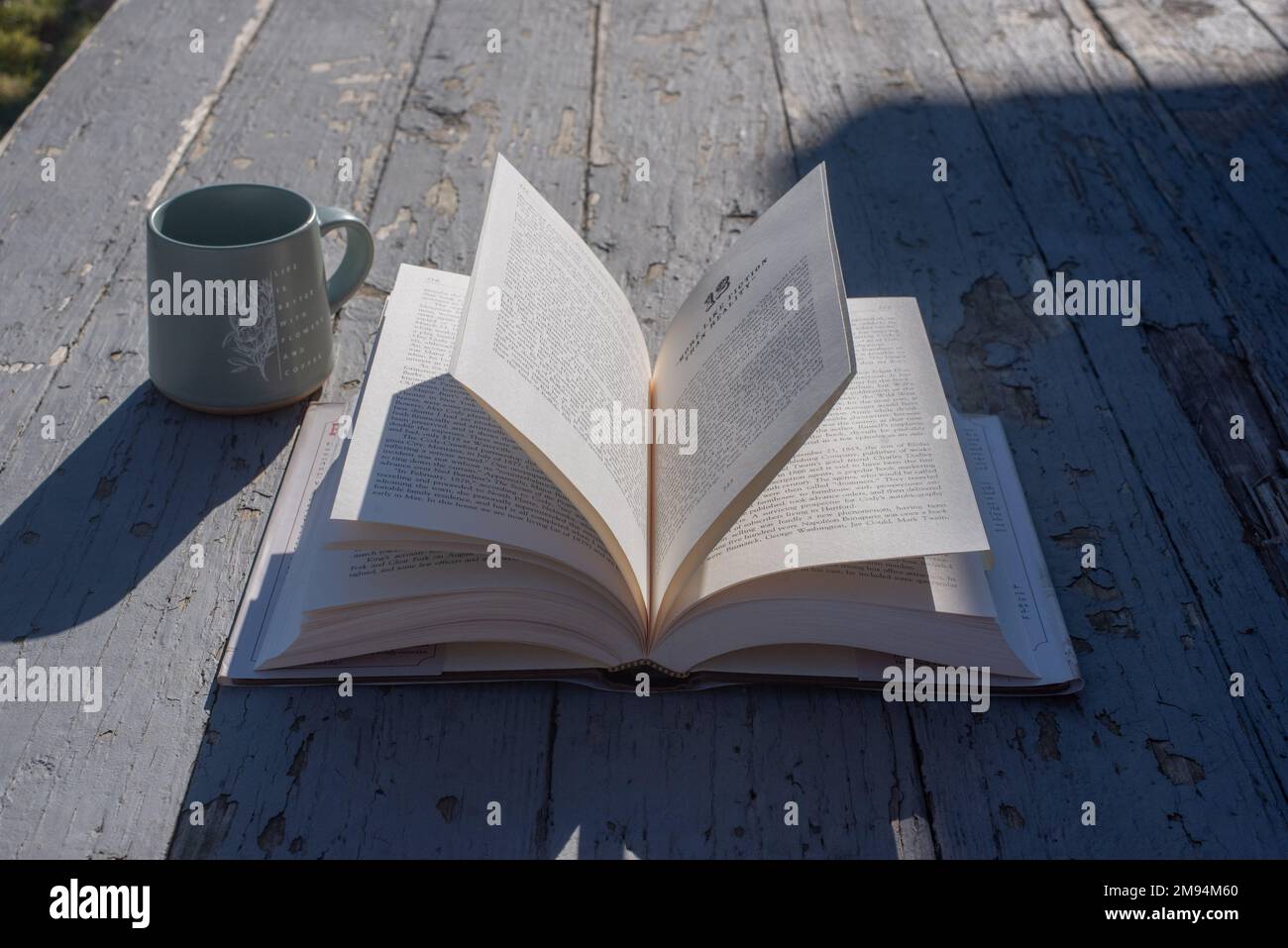 An open book and a mug on an old, rustic-looking porch. - Stock Image
