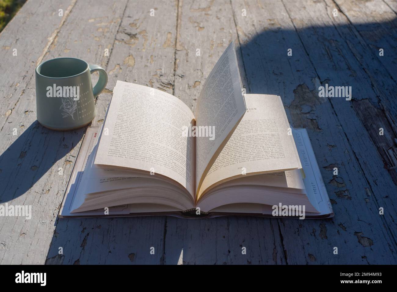 An open book and a mug on an old, rustic-looking porch. - Stock Image