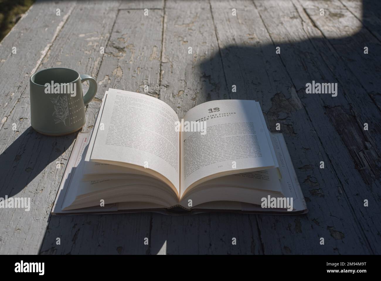 An open book and a mug on an old, rustic-looking porch. - Stock Image