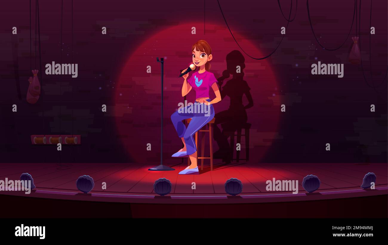 Female standup comedian character performing on stage. Vector cartoon