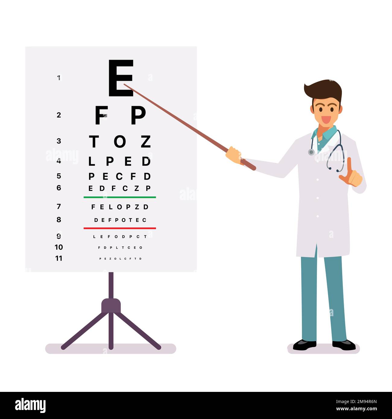 Ophthalmology doctor standing near eye test chart. Ophthalmic table for visual examination. Vector illustration Stock Vector