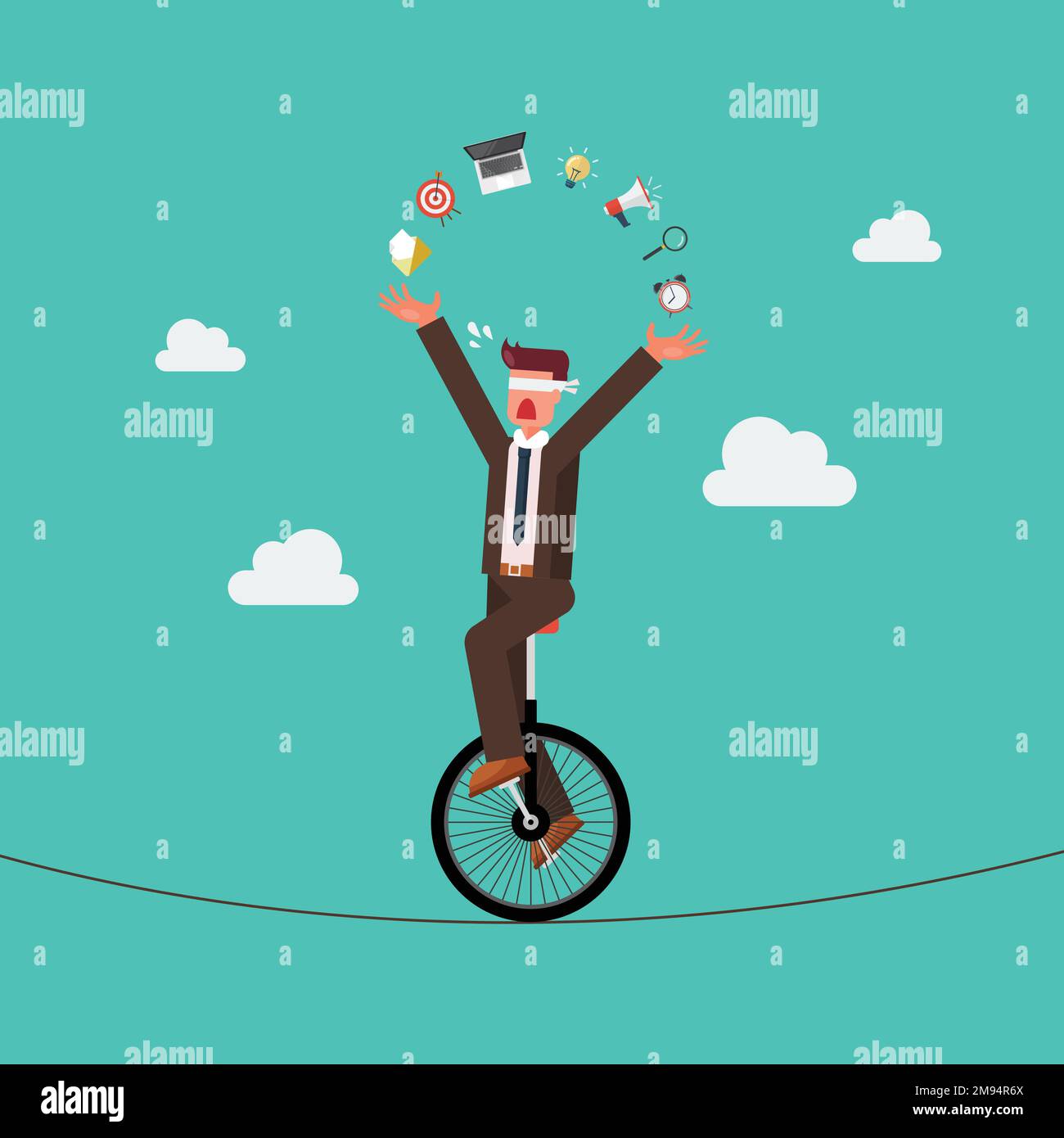 Blind businessman riding unicycle on a wire. Business risk concept