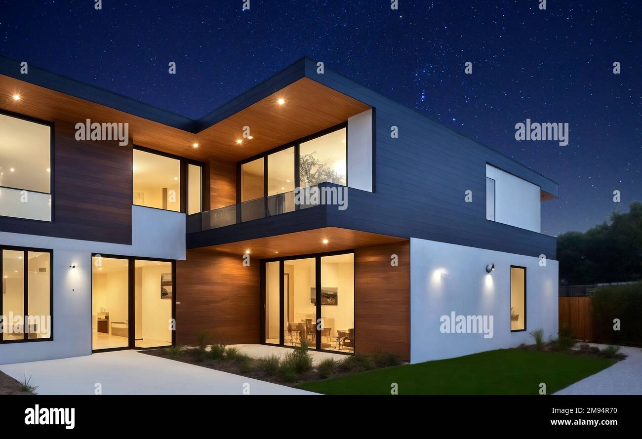 Minimalist modern house with flat roof and strict structured garden at night with starry sky, made with generative AI Stock Photo