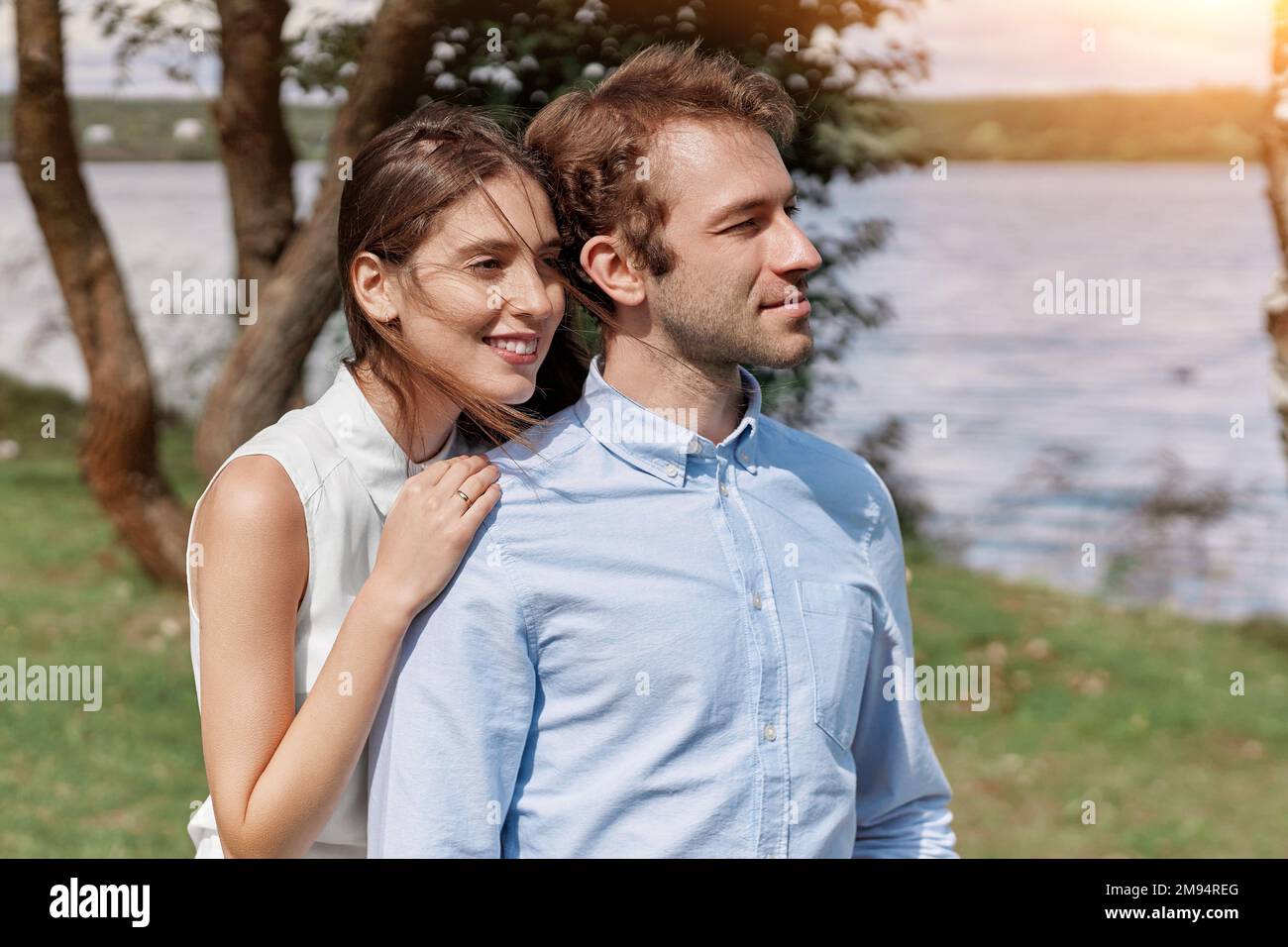 young couple during a country walk . close-up. Stock Photo