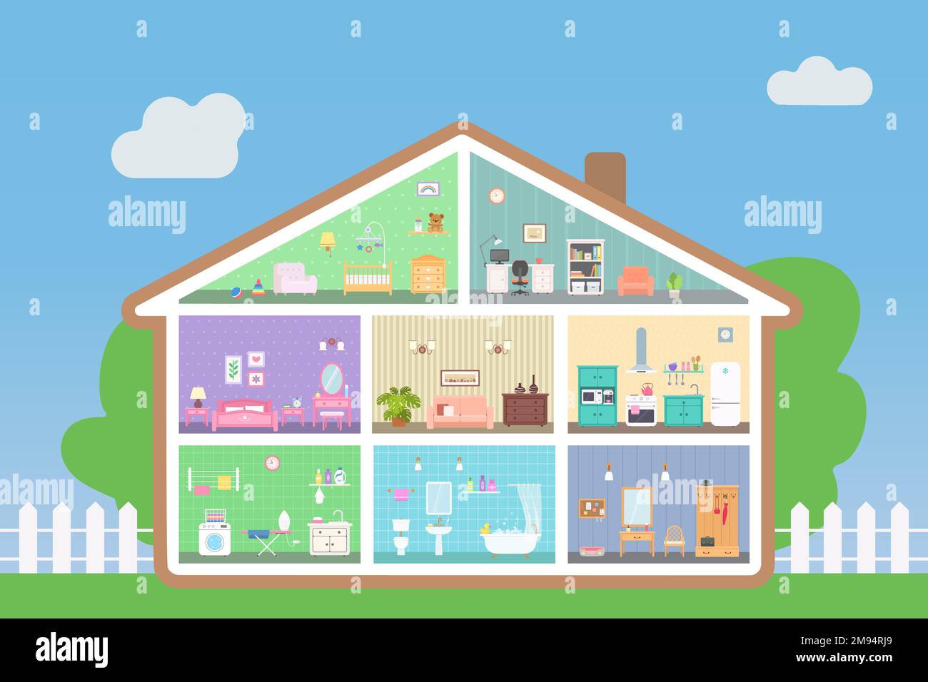 Dollhouse with eight rooms with interior, in cross section Stock Vector ...