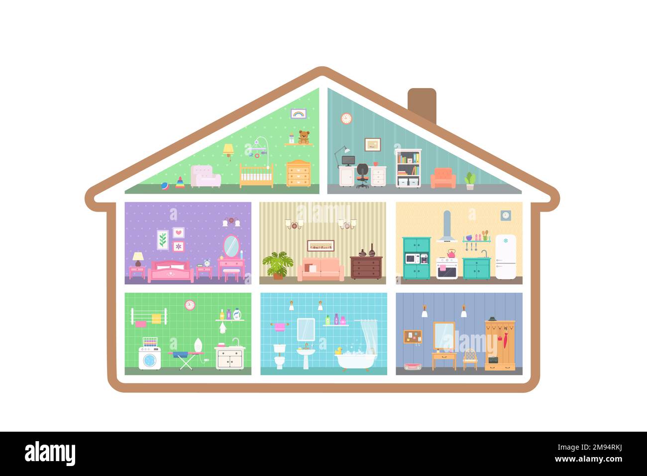 Dollhouse with eight rooms with interior, in cross section. On white background Stock Vector