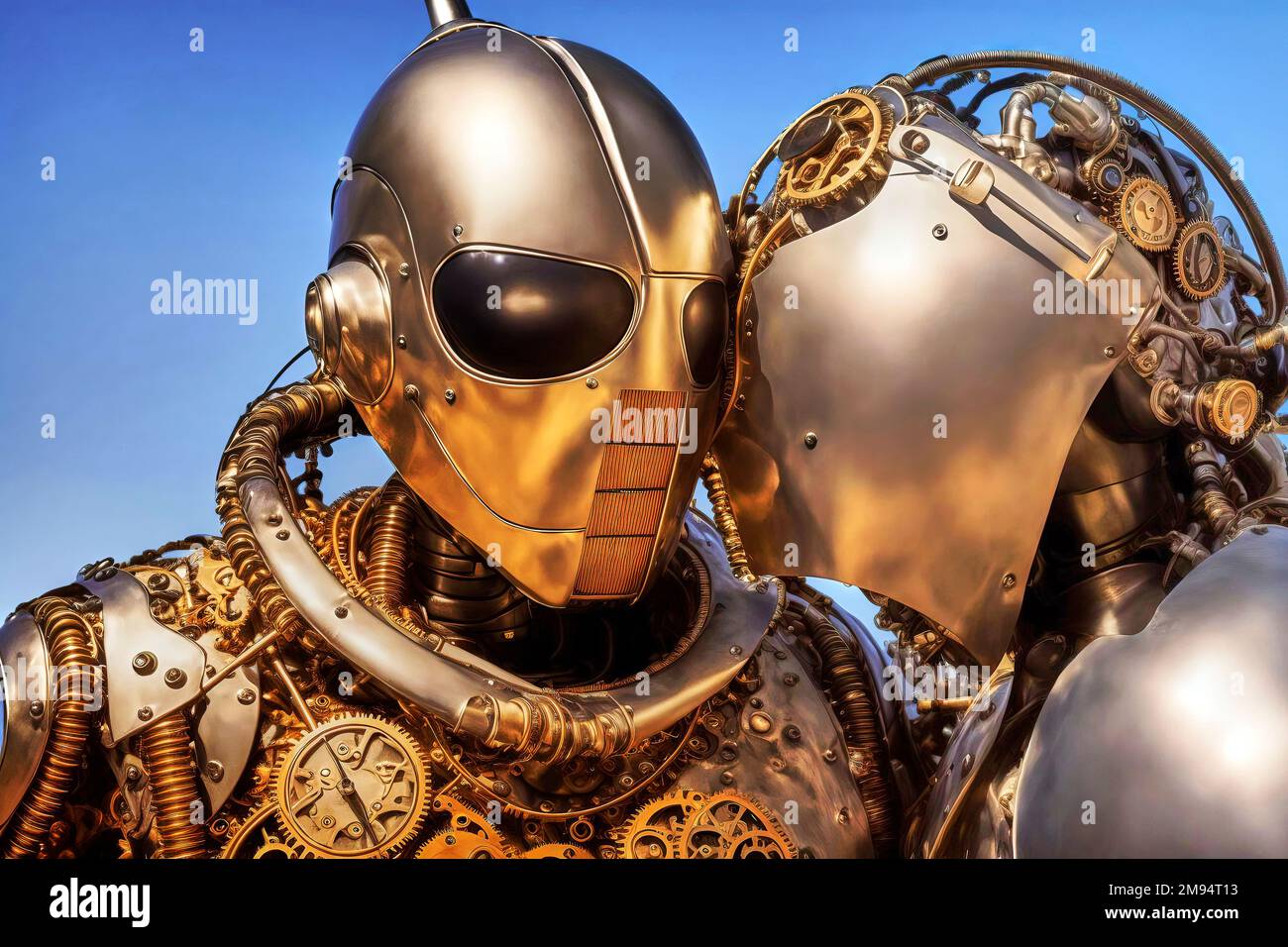 Portrait of two android robots with gears and screws in their cyborg armor, putting their heads together, made with generative AI Stock Photo