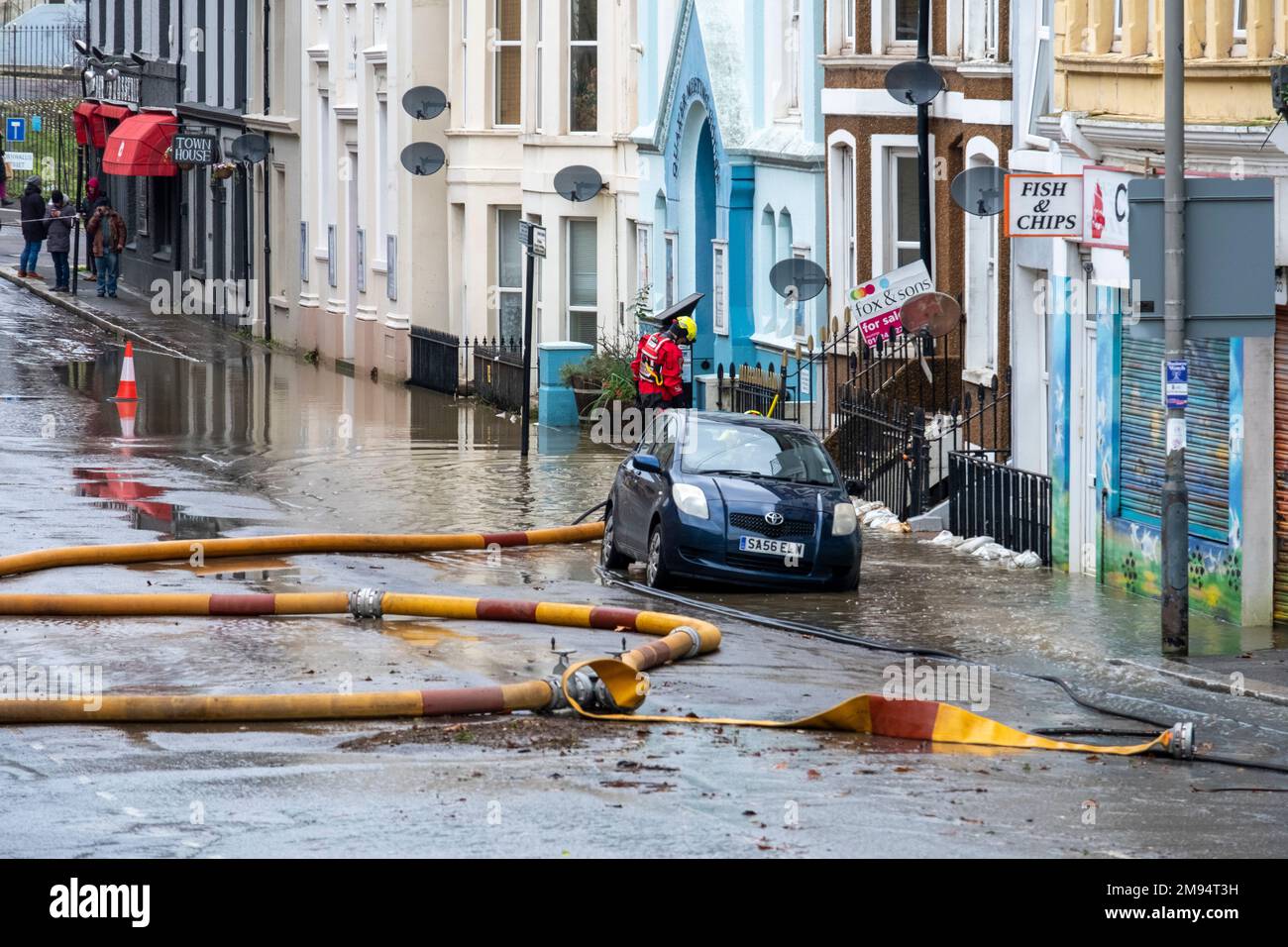 Pumping out floodwater from Hastings South Terrace and Priory Meadow after exceptionally heavy overnight rainfall, January 2023, East Sussex, UK Stock Photo