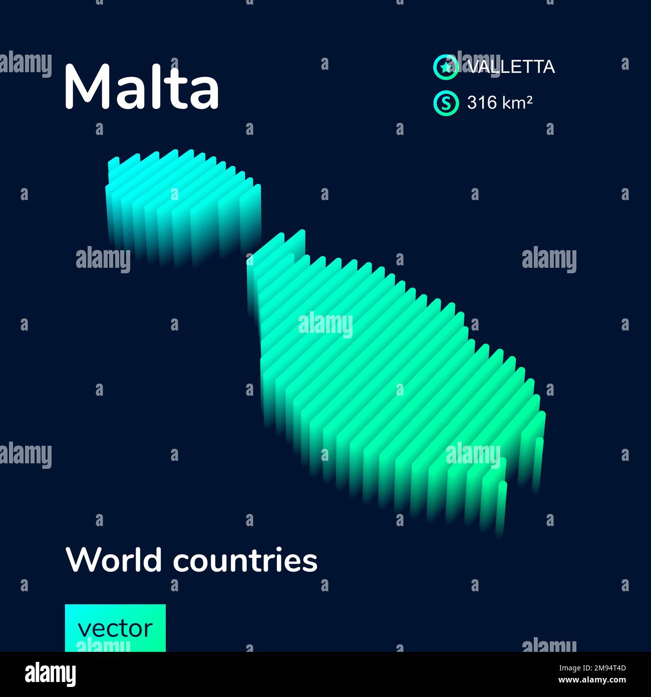 3d vector isometric Malta map in neon green colors on dark blue background. Stylized map of Malta. Stock Vector