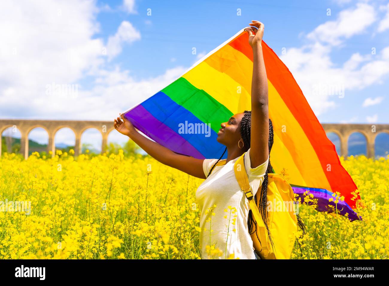 A black ethnic girl with braids holding the LGBT flag in a field of yellow flowers, pride day, free women concept Stock Photo