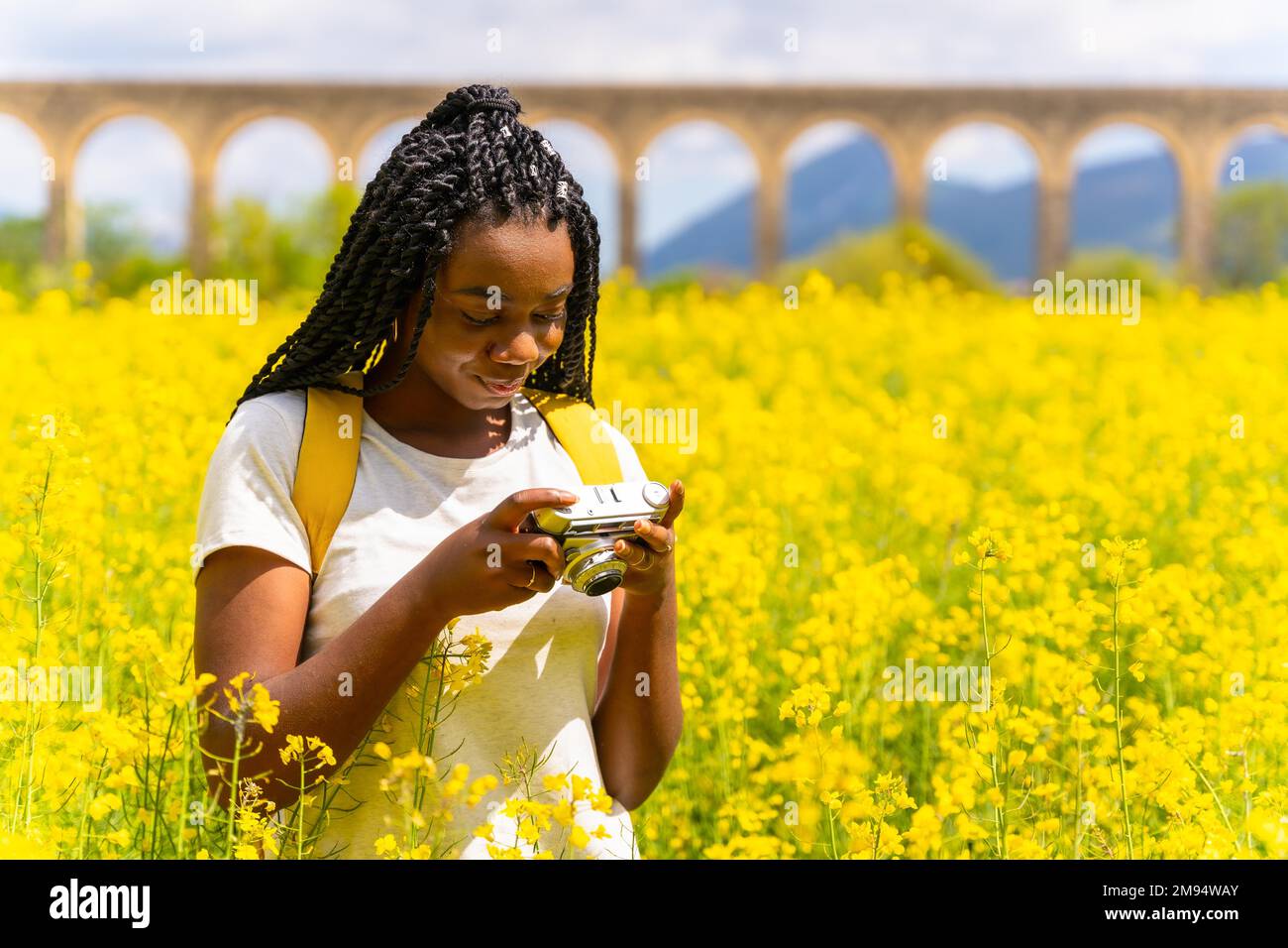 Looking at the photos on a vintage camera, a black ethnic girl with braids, a traveler, in a field of yellow flowers Stock Photo