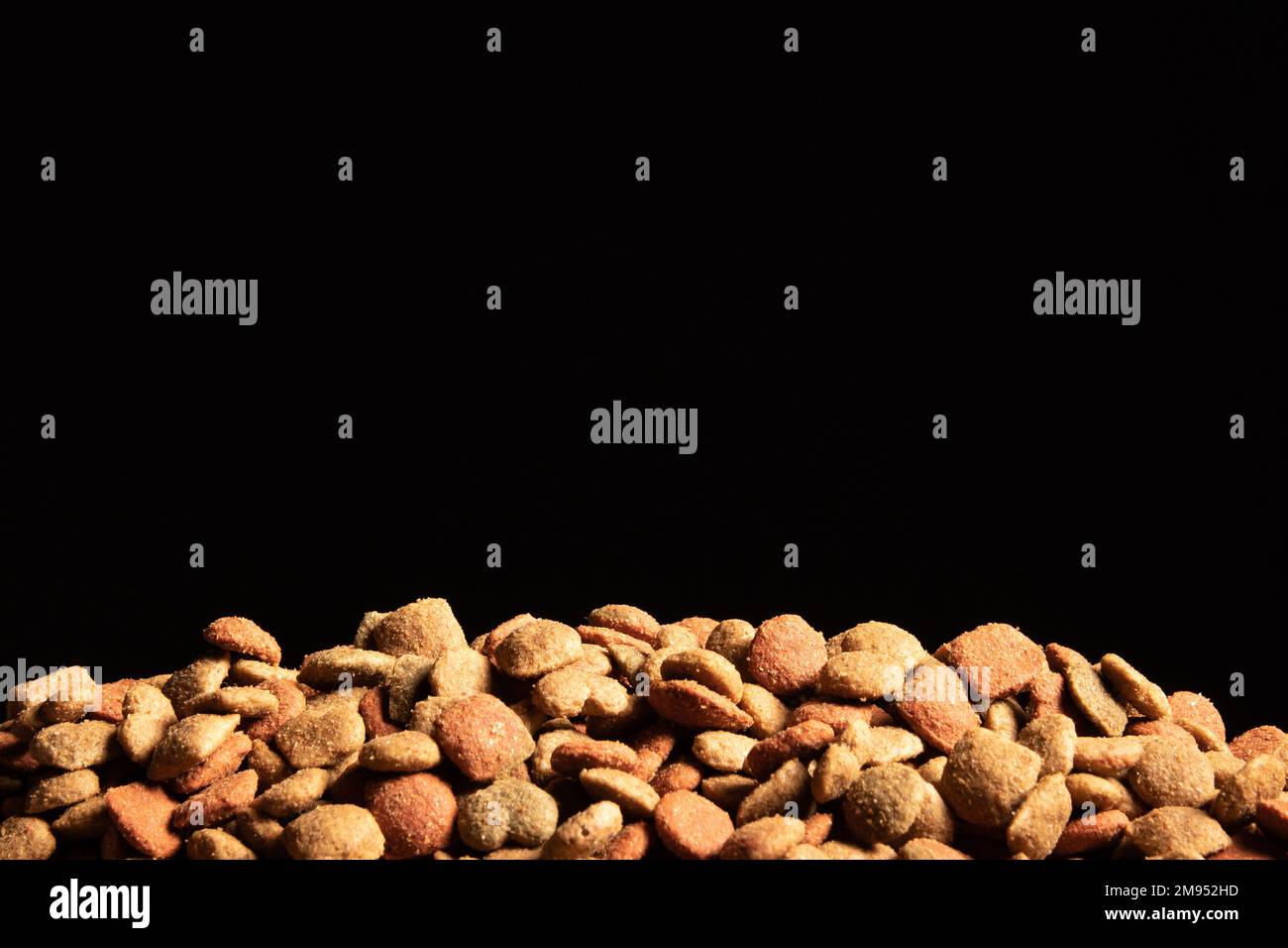 Close-up of dry dog food in warm colors on a black background Stock Photo
