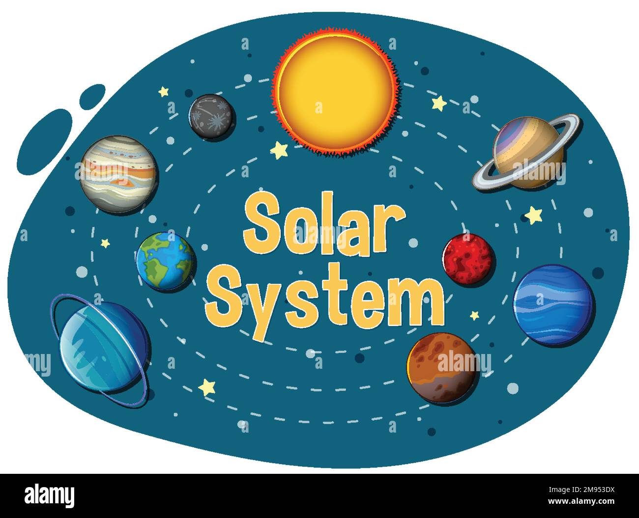 The Solar System Design. Illustrations vector graphic of the solar system  in flat design cartoon style. solar system poster design for kids learning.  space kids. Stock Vector