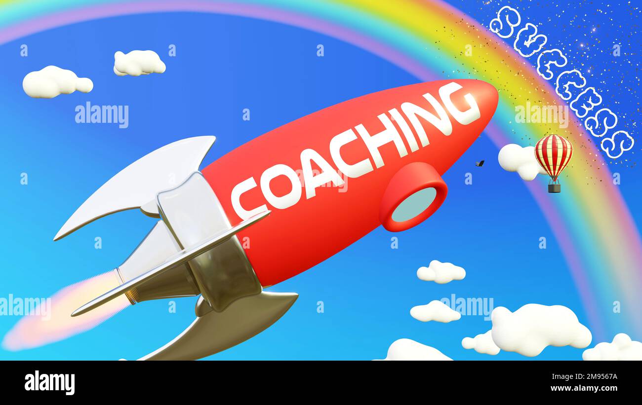 Coaching lead to achieving success in business and life. Cartoon rocket ...