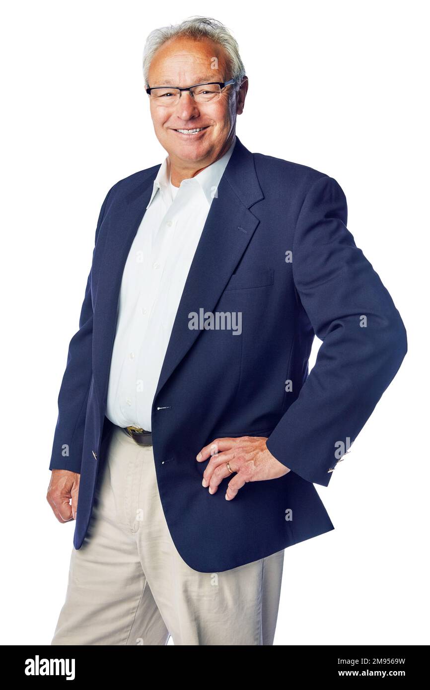 Senior, happy and portrait of ceo man with confident, proud and joyful smile in isolated studio. Corporate, mature and businessman pose with Stock Photo
